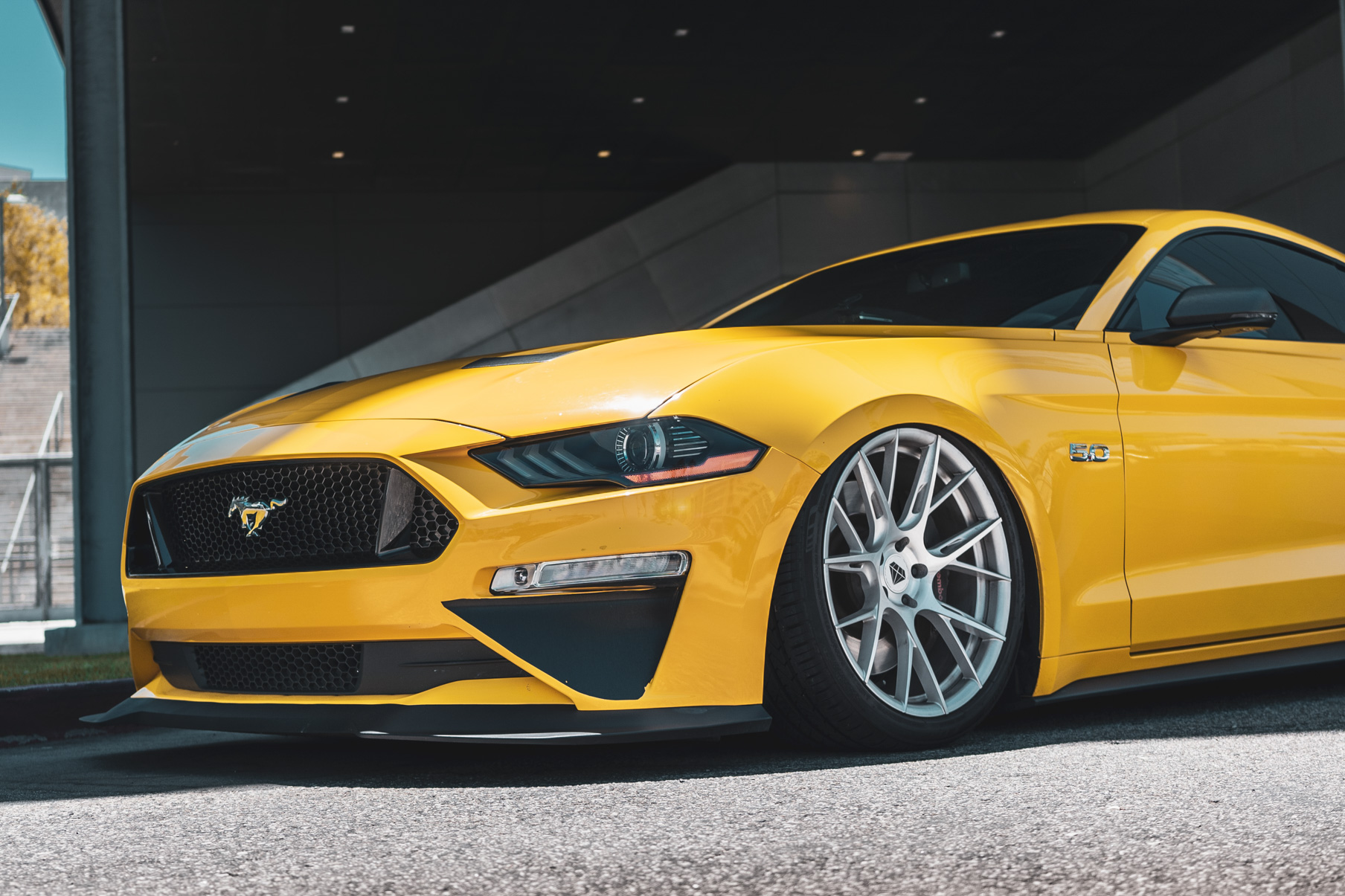 A 2018 Ford Mustang GT on 20 Inch Blaque Diamond BD-F18 Brushed Silver Wheels