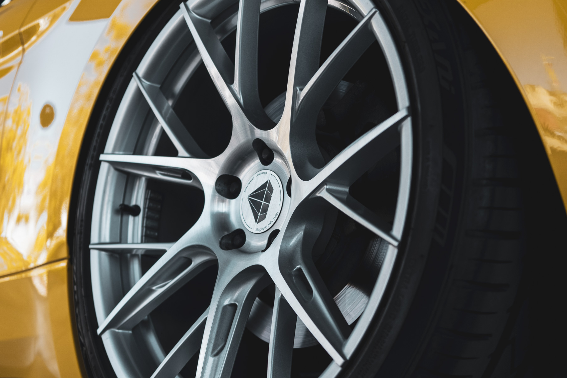 A 2018 Ford Mustang GT on 20 Inch Blaque Diamond BD-F18 Brushed Silver Wheels