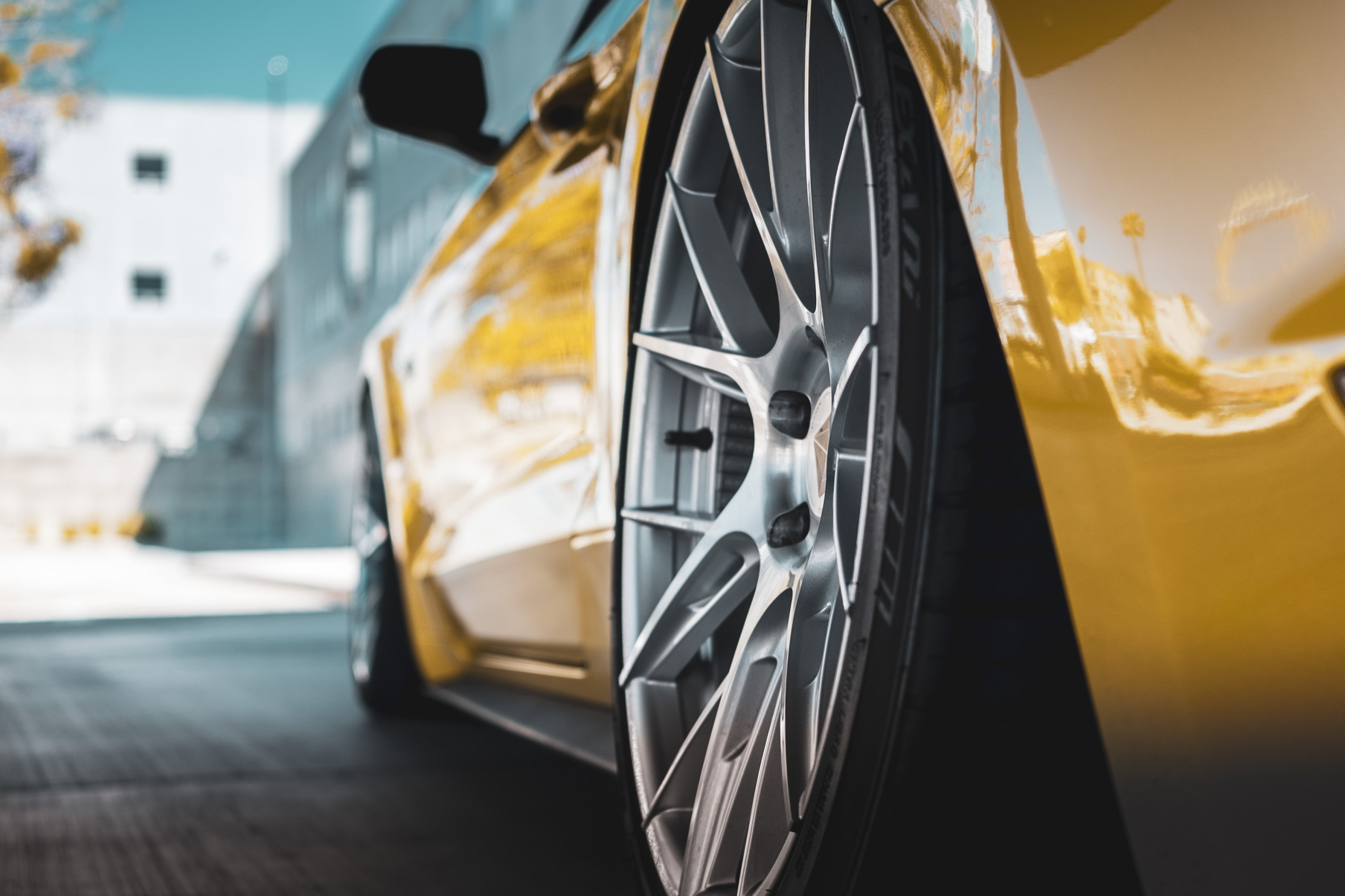 A 2018 Ford Mustang GT on 20 Inch Blaque Diamond BD-F18 Brushed Silver Wheels