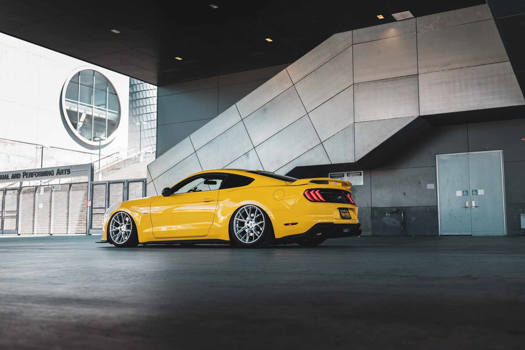 A 2018 Ford Mustang GT on 20 Inch Blaque Diamond BD-F18 Brushed Silver Wheels
