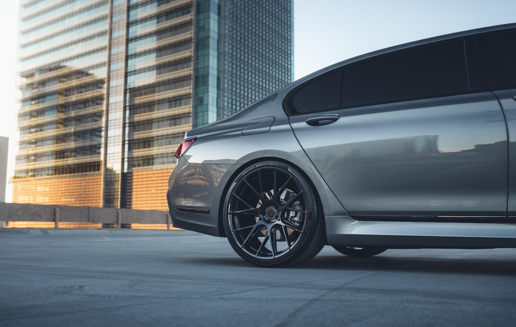 A 2020 BMW 750i on 20 Inch Blaque Diamond BD-F18 Gloss Black Wheels