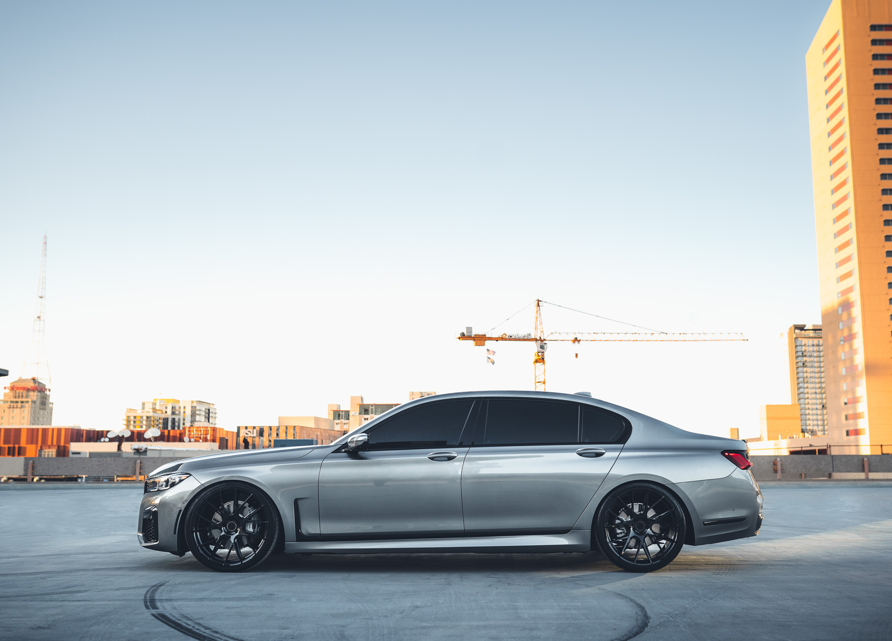 A 2020 BMW 750i on 20 Inch Blaque Diamond BD-F18 Gloss Black Wheels