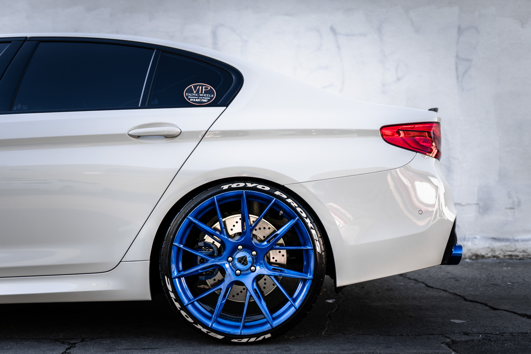 A 2018 BMW M5 on 20 Inch Blaque Diamond BD-F18 Brushed Blue Wheels
