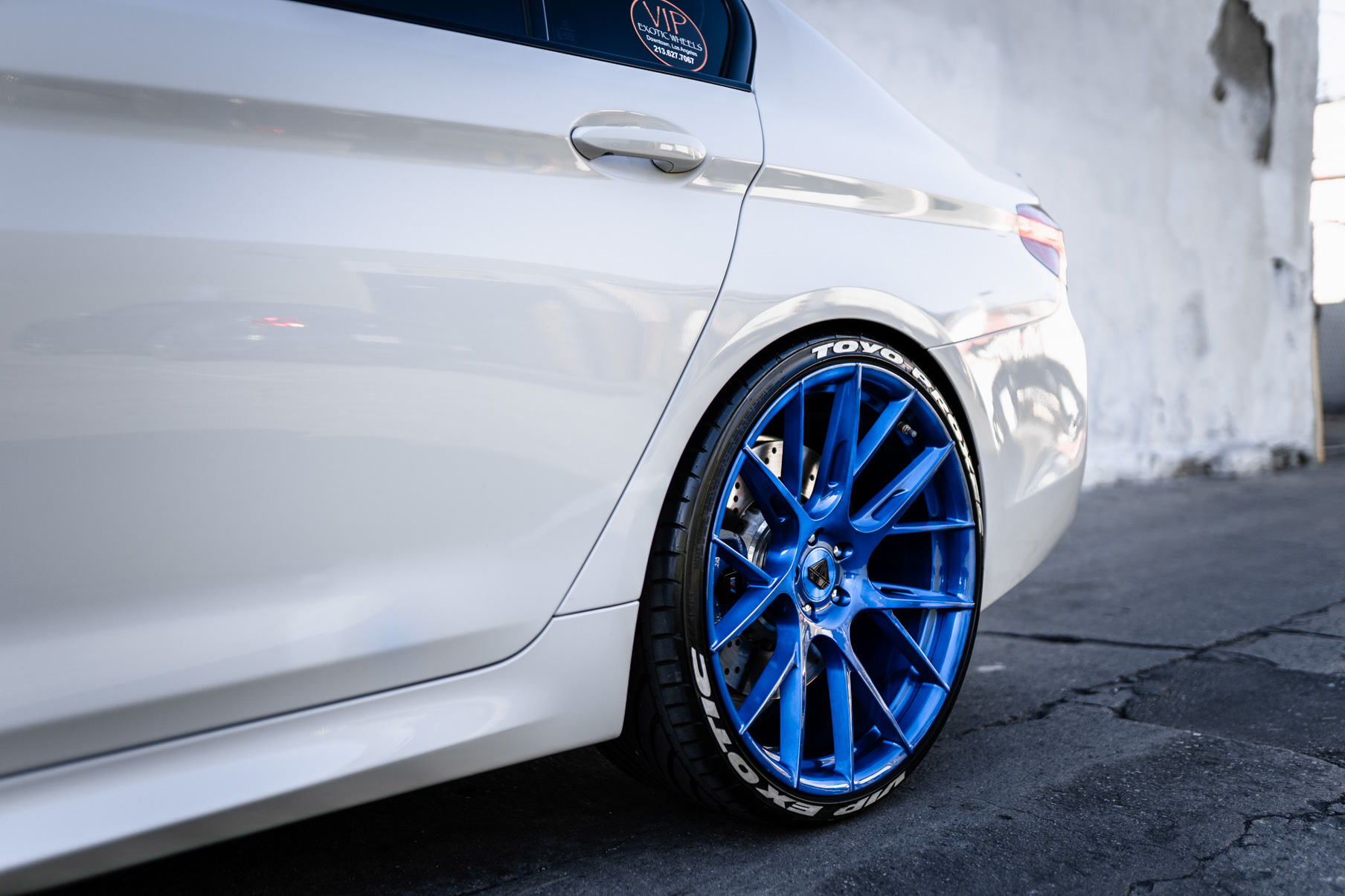 A 2018 BMW M5 on 20 Inch Blaque Diamond BD-F18 Brushed Blue Wheels