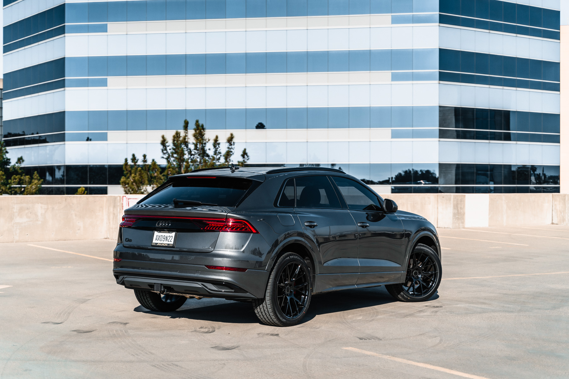 A 2020 Audi Q8 on 20 Inch Blaque Diamond BD-F18 Gloss Black Wheels