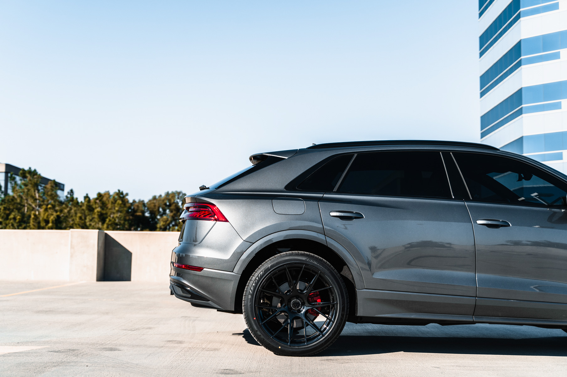 A 2020 Audi Q8 on 20 Inch Blaque Diamond BD-F18 Gloss Black Wheels
