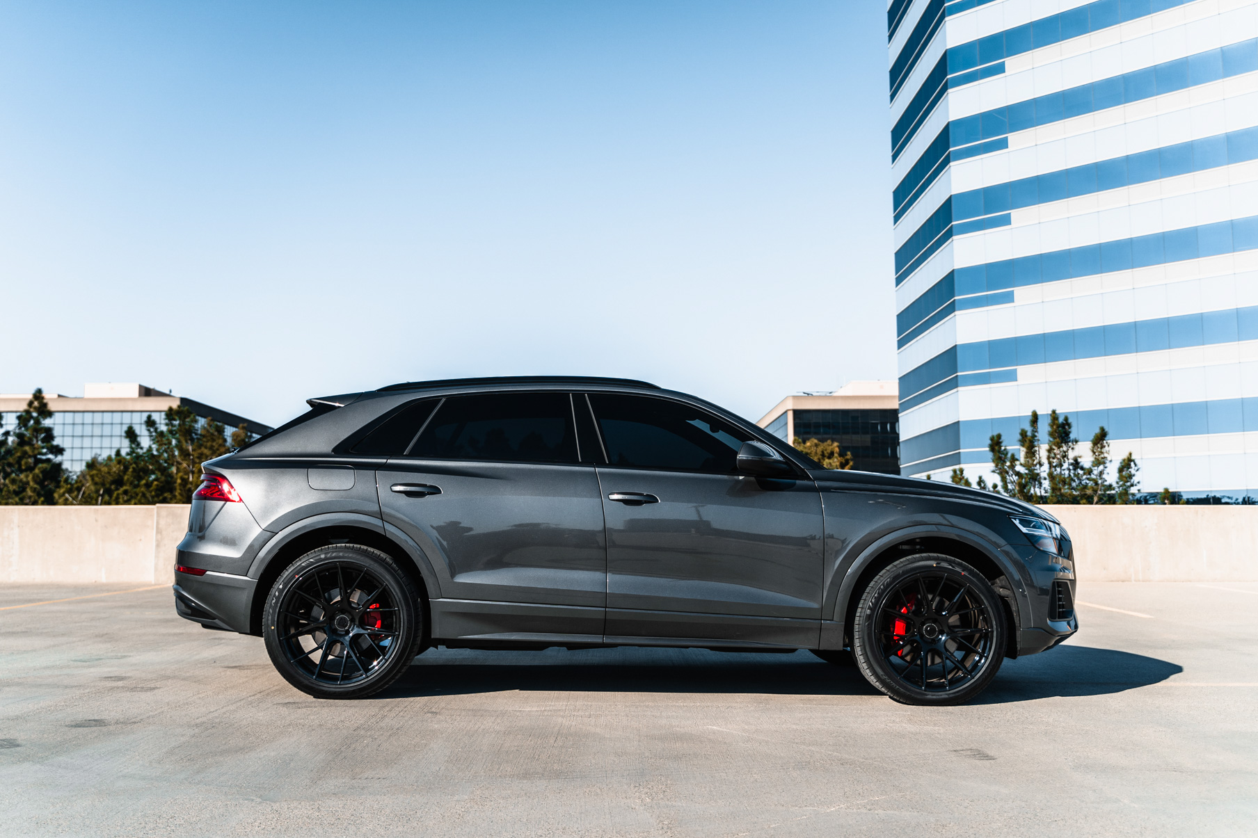 A 2020 Audi Q8 on 20 Inch Blaque Diamond BD-F18 Gloss Black Wheels