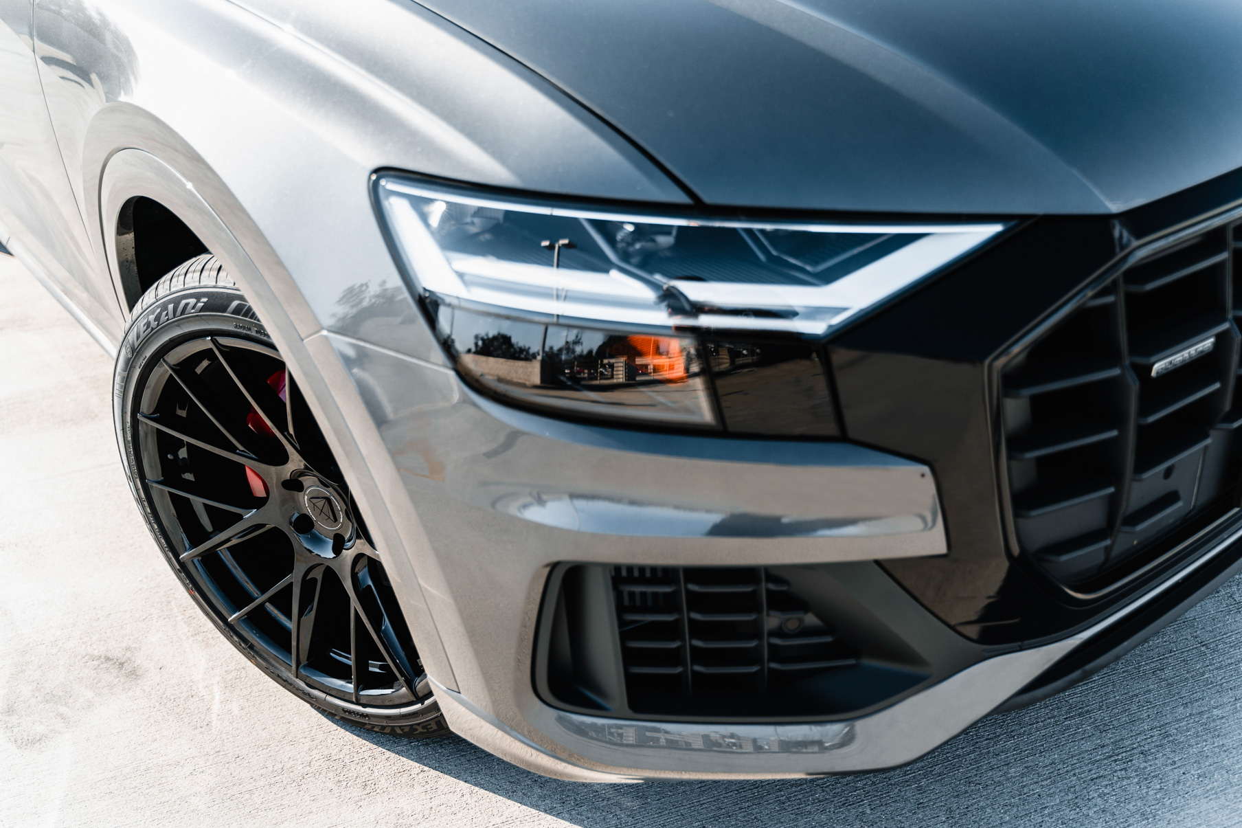 A 2020 Audi Q8 on 20 Inch Blaque Diamond BD-F18 Gloss Black Wheels