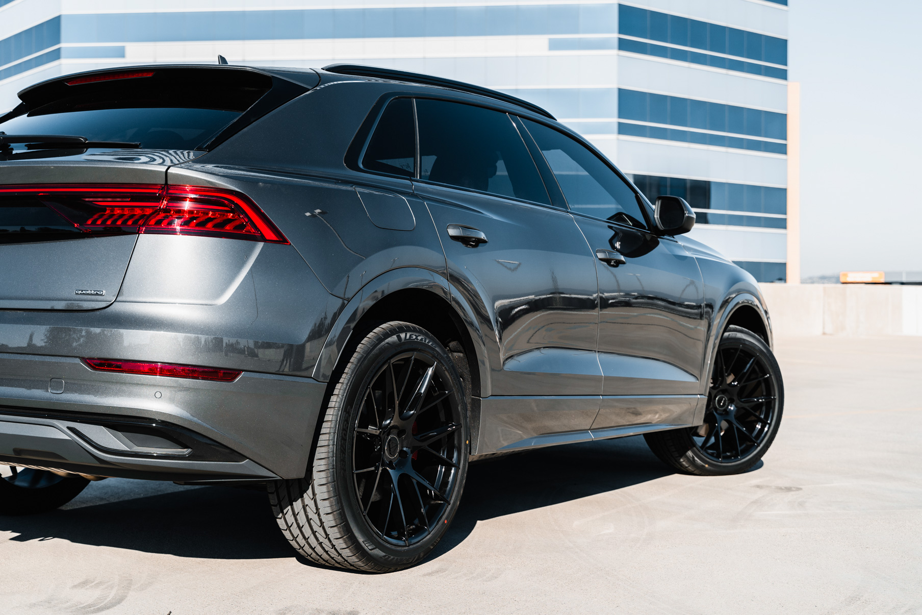 A 2020 Audi Q8 on 20 Inch Blaque Diamond BD-F18 Gloss Black Wheels