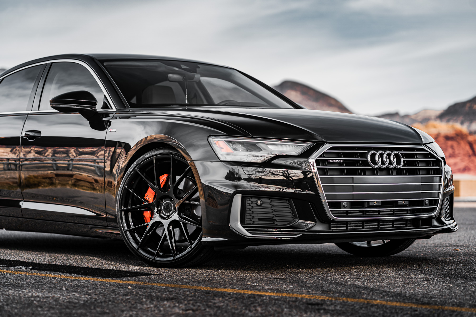 A 2019 Audi A6 on 20 Inch Blaque Diamond BD-F18 Gloss Black Wheels