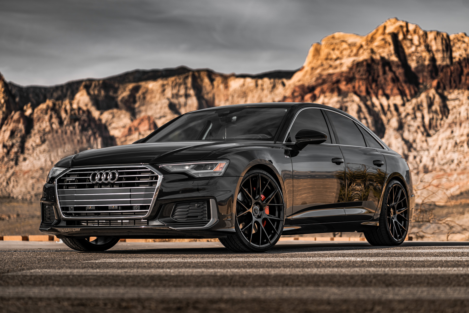 A 2019 Audi A6 on 20 Inch Blaque Diamond BD-F18 Gloss Black Wheels