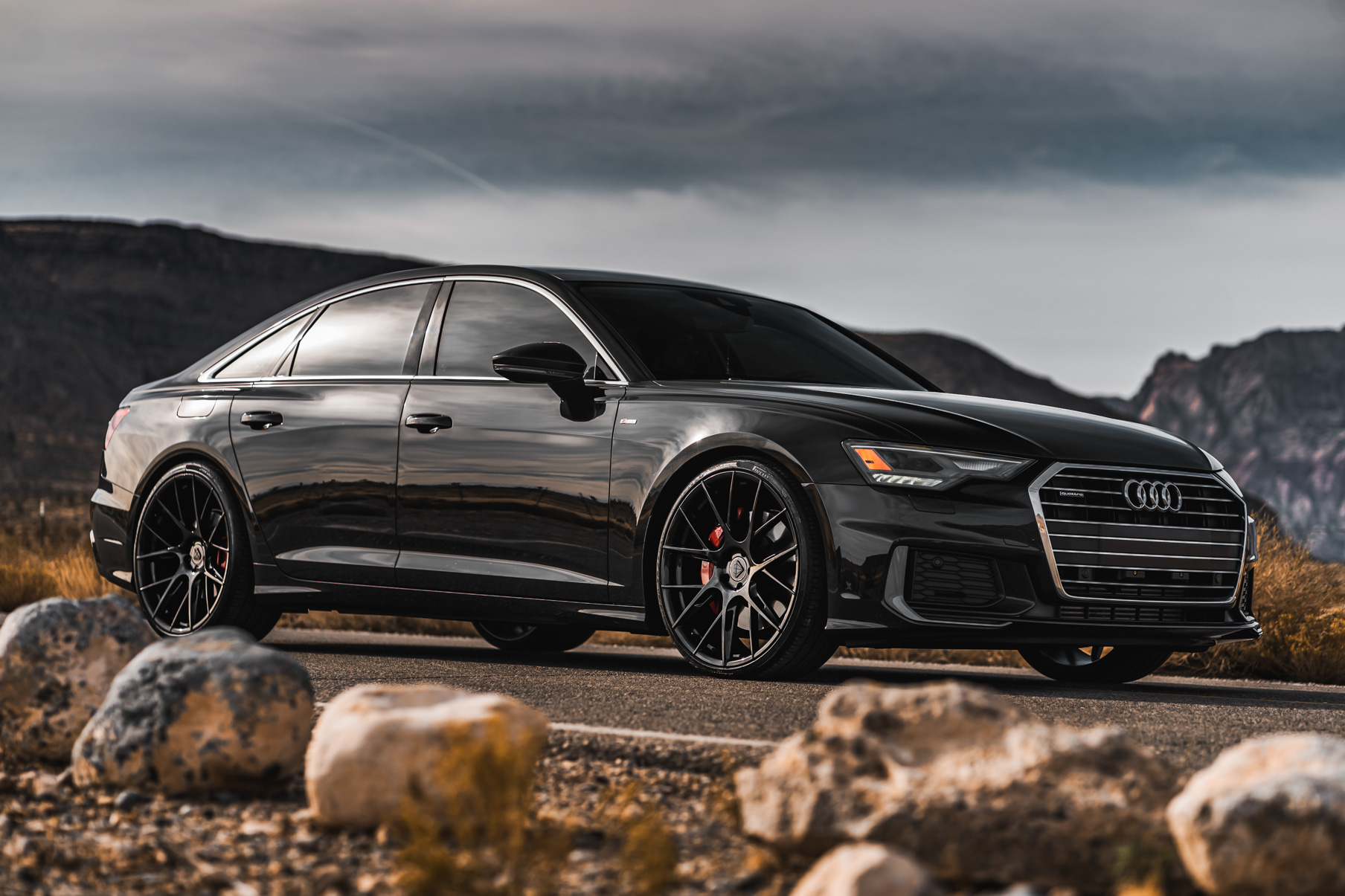A 2019 Audi A6 on 20 Inch Blaque Diamond BD-F18 Gloss Black Wheels