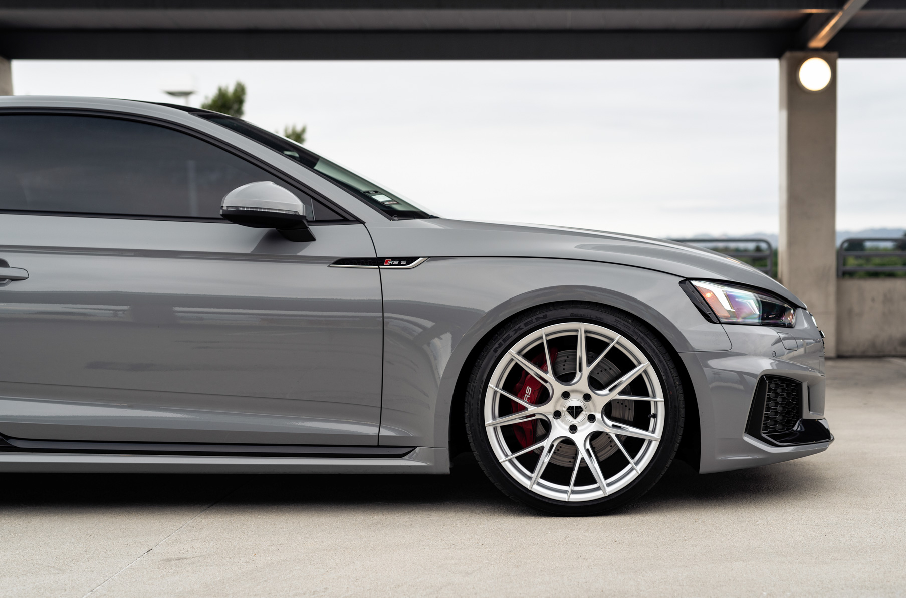 A 2018 Audi RS5 on 20 Inch Blaque Diamond BD-F18 Brushed Silver Wheels