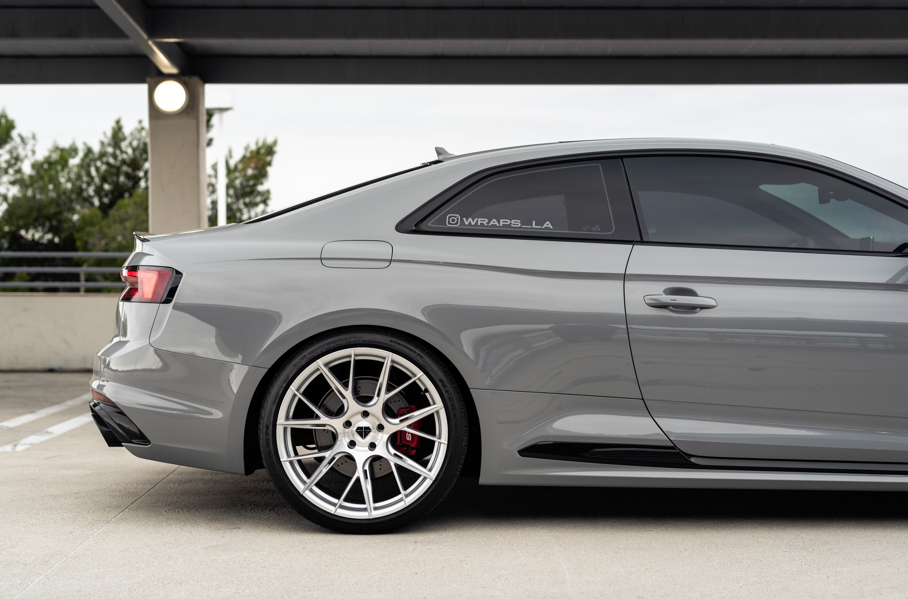 A 2018 Audi RS5 on 20 Inch Blaque Diamond BD-F18 Brushed Silver Wheels