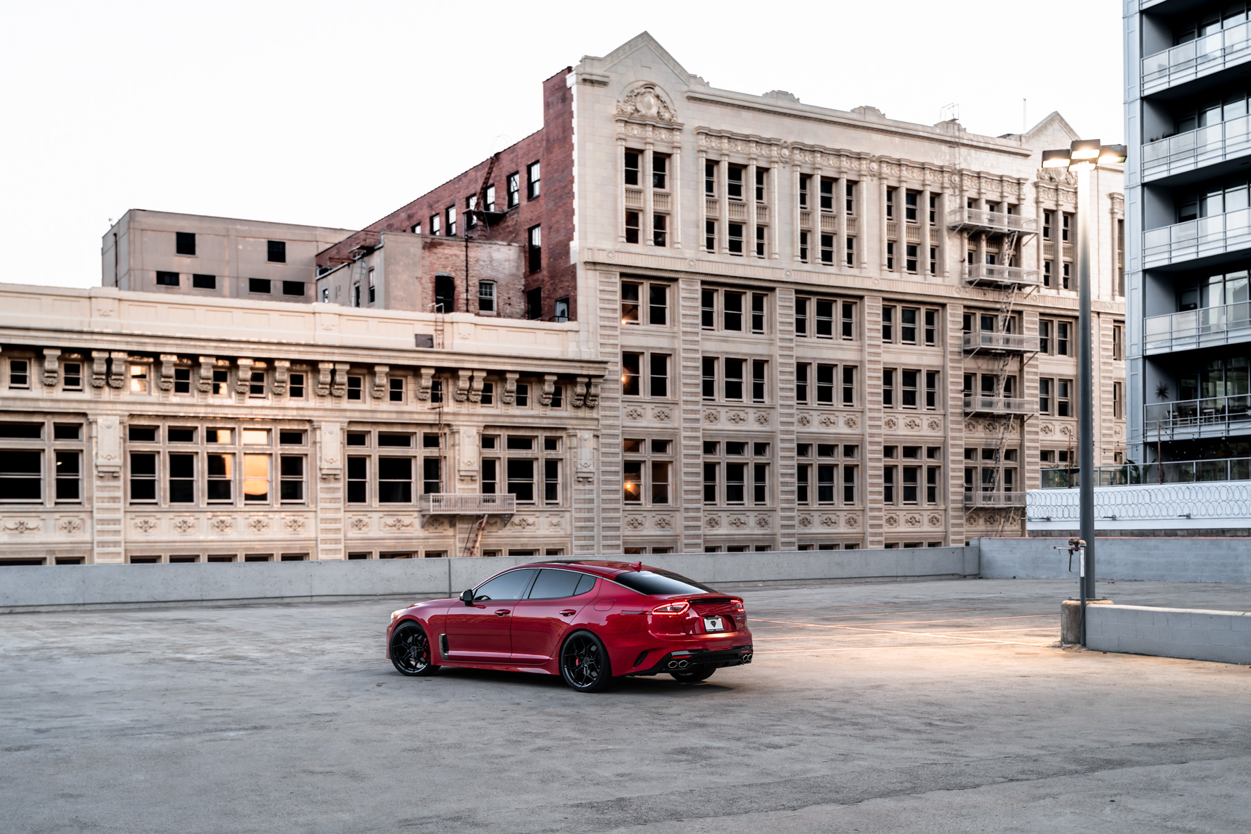 A 2019 Kia Stinger GT on 20 Inch Blaque Diamond BD-F25 Gloss Black Wheels