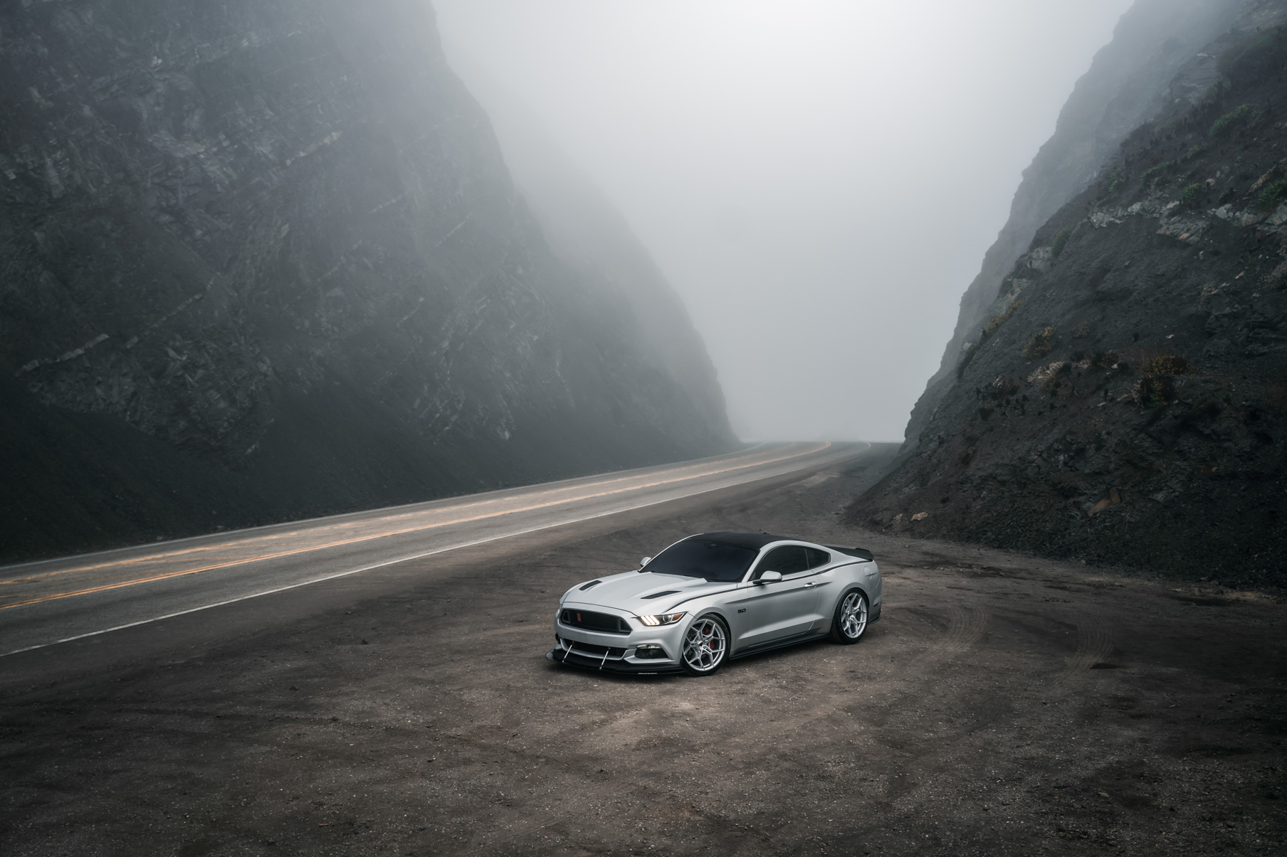 A 2016 Ford Mustang GT on 20 Inch Blaque Diamond BD-F25 Brushed Silver Wheels
