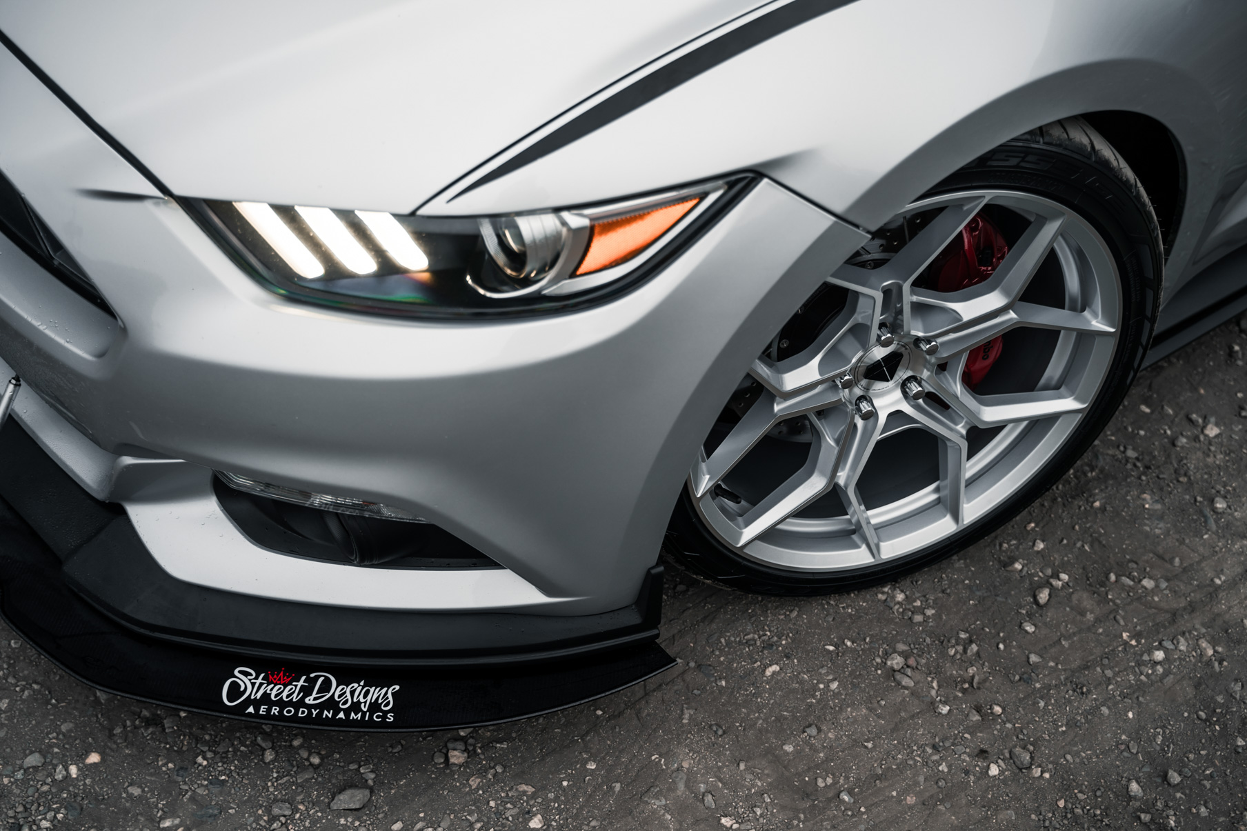A 2016 Ford Mustang GT on 20 Inch Blaque Diamond BD-F25 Brushed Silver Wheels
