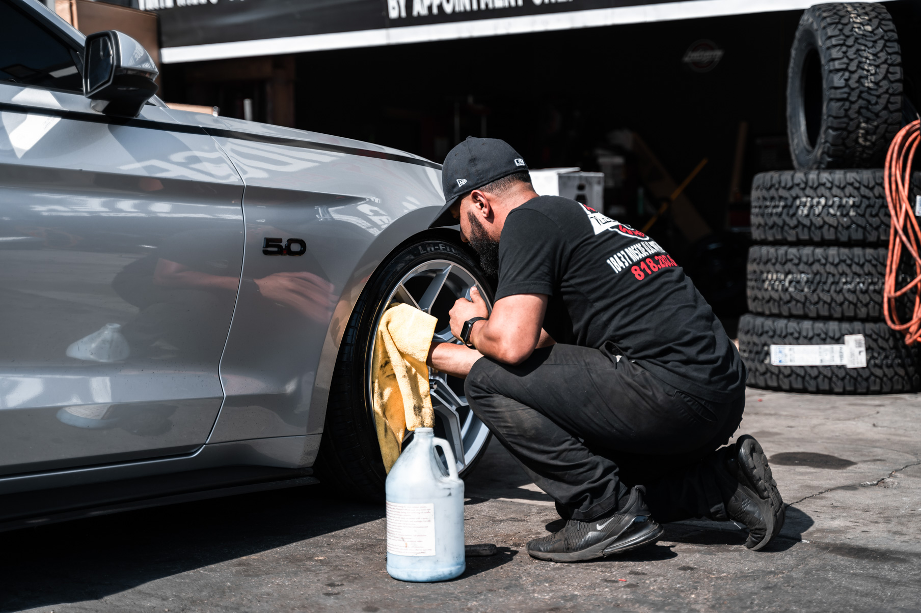 A 2016 Ford Mustang GT on 20 Inch Blaque Diamond BD-F25 Brushed Silver Wheels