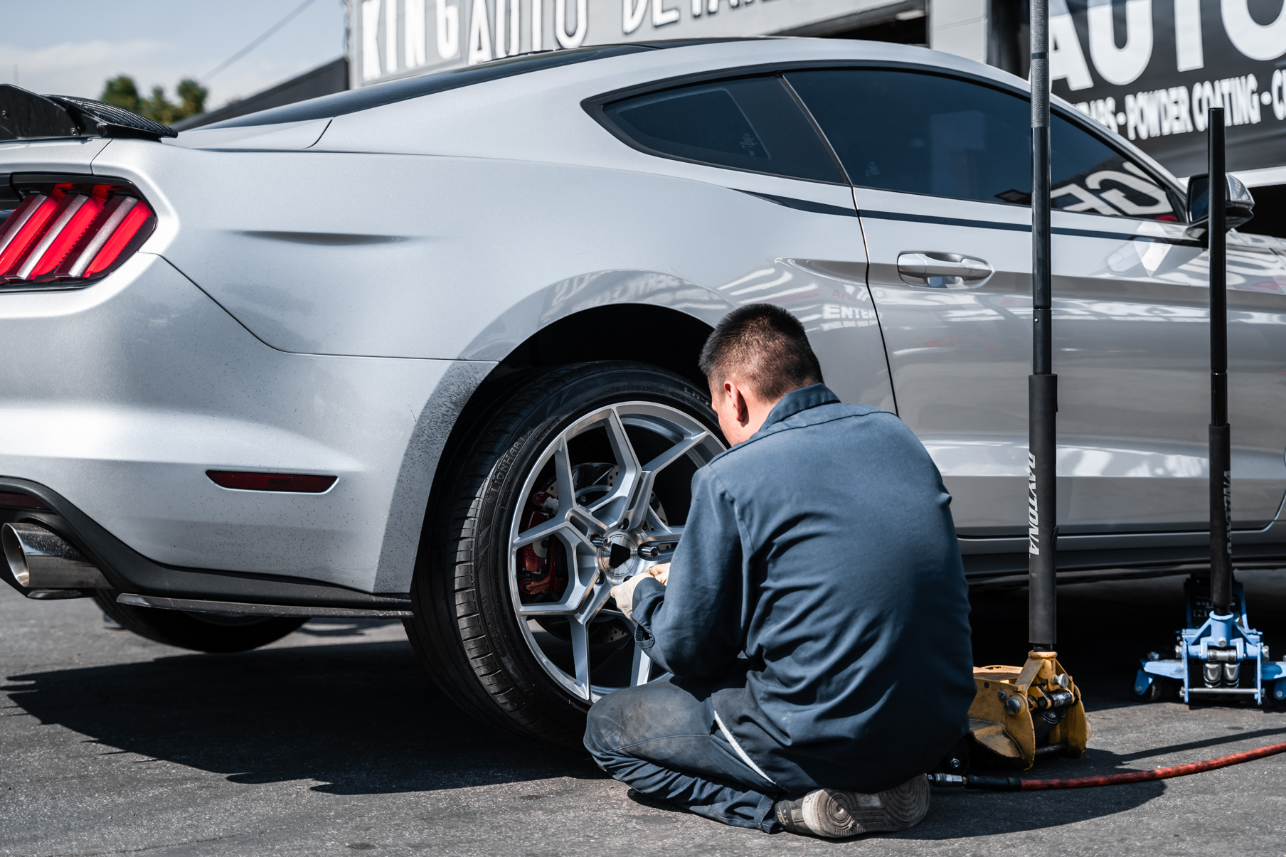 A 2016 Ford Mustang GT on 20 Inch Blaque Diamond BD-F25 Brushed Silver Wheels