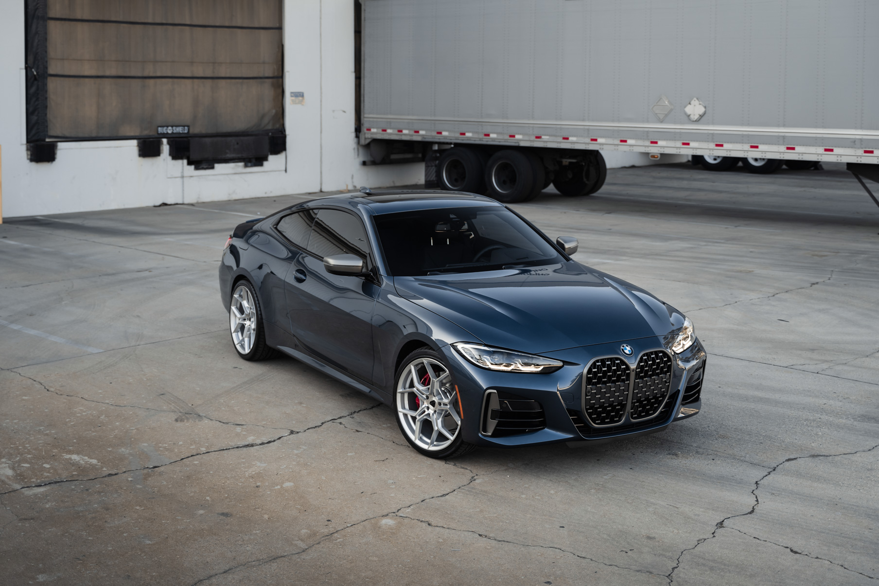 A 2021 BMW M440i on 20 Inch Blaque Diamond BD-F25 Brushed Silver Wheels