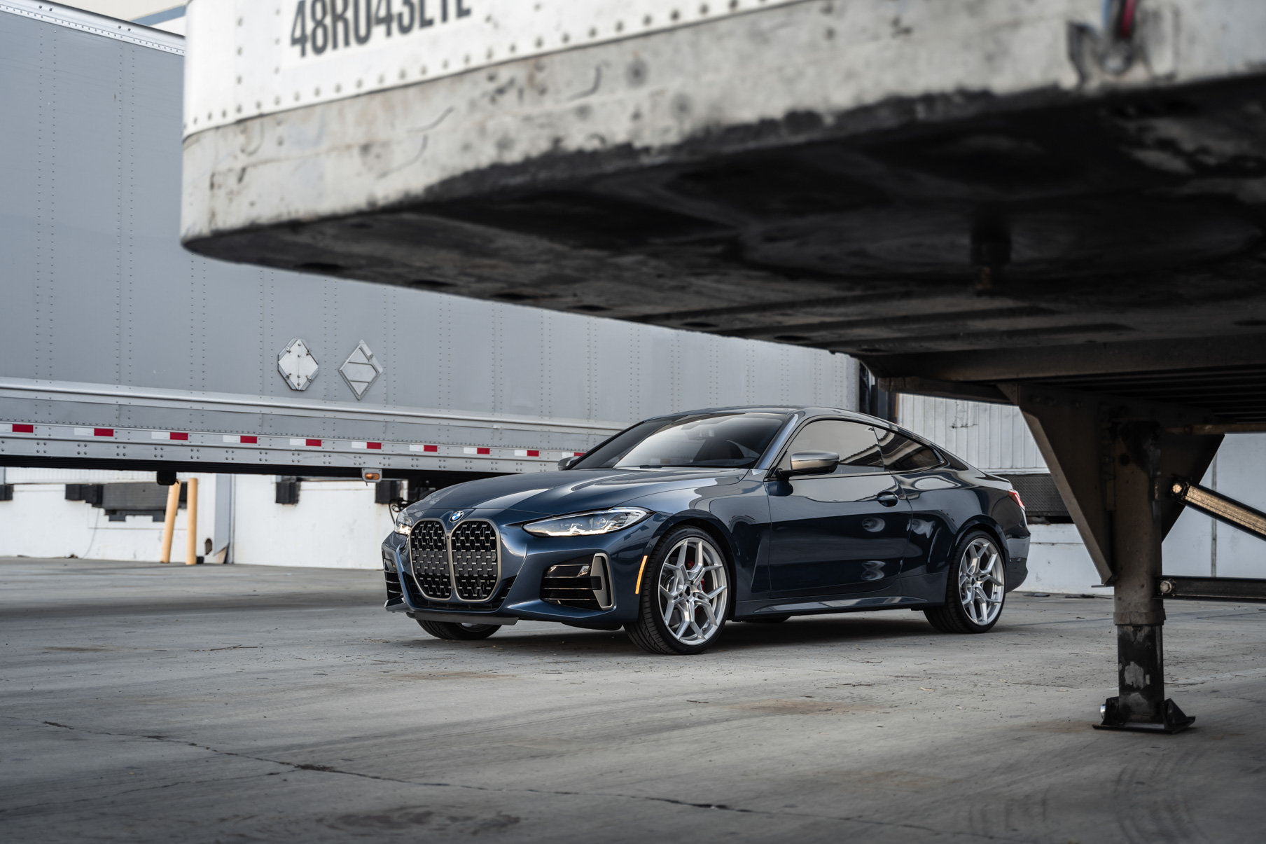 A 2021 BMW M440i on 20 Inch Blaque Diamond BD-F25 Brushed Silver Wheels