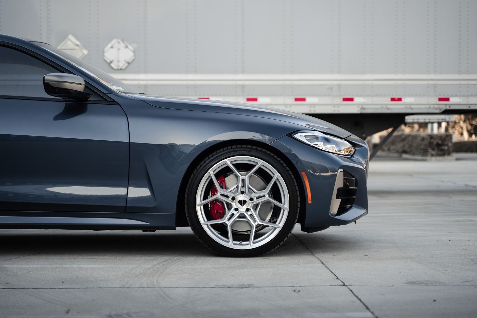 A 2021 BMW M440i on 20 Inch Blaque Diamond BD-F25 Brushed Silver Wheels