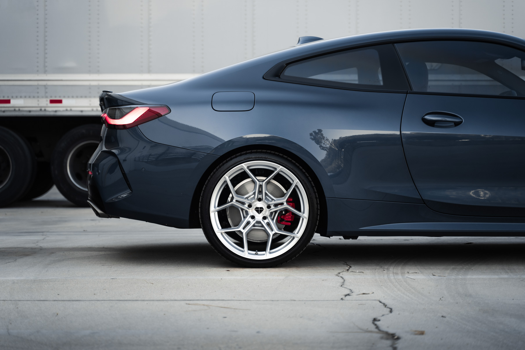 A 2021 BMW M440i on 20 Inch Blaque Diamond BD-F25 Brushed Silver Wheels