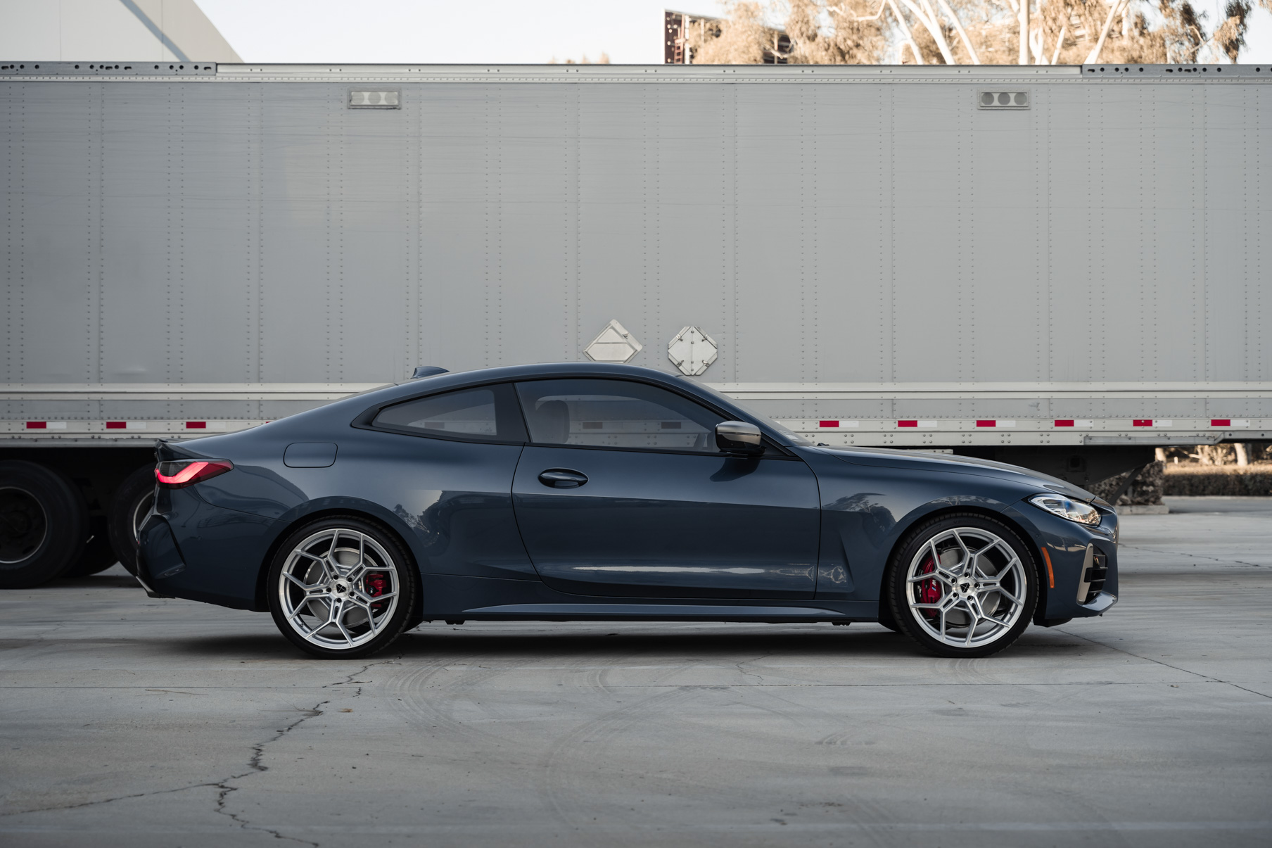 A 2021 BMW M440i on 20 Inch Blaque Diamond BD-F25 Brushed Silver Wheels