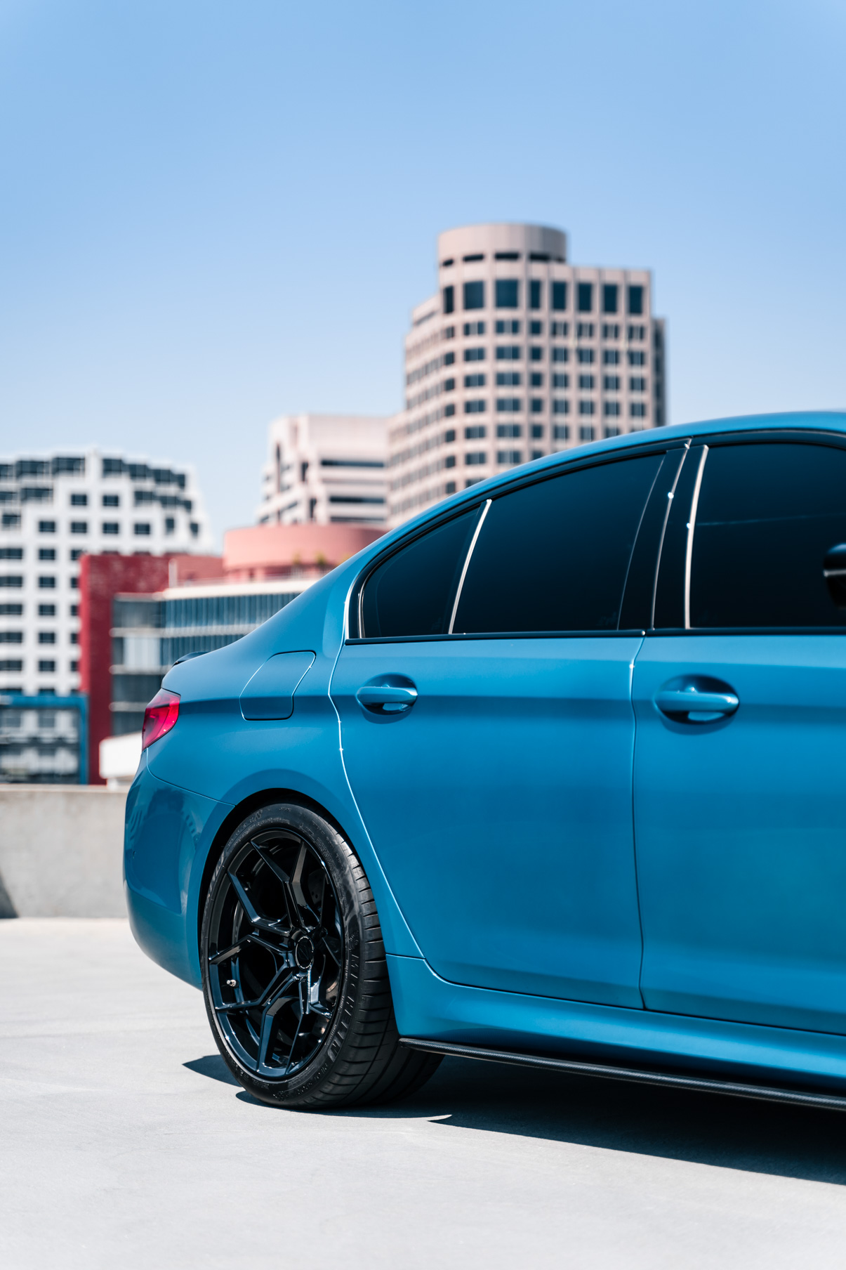 A 2020 BMW M5 on 20 Inch Blaque Diamond BD-F25 Gloss Black Wheels