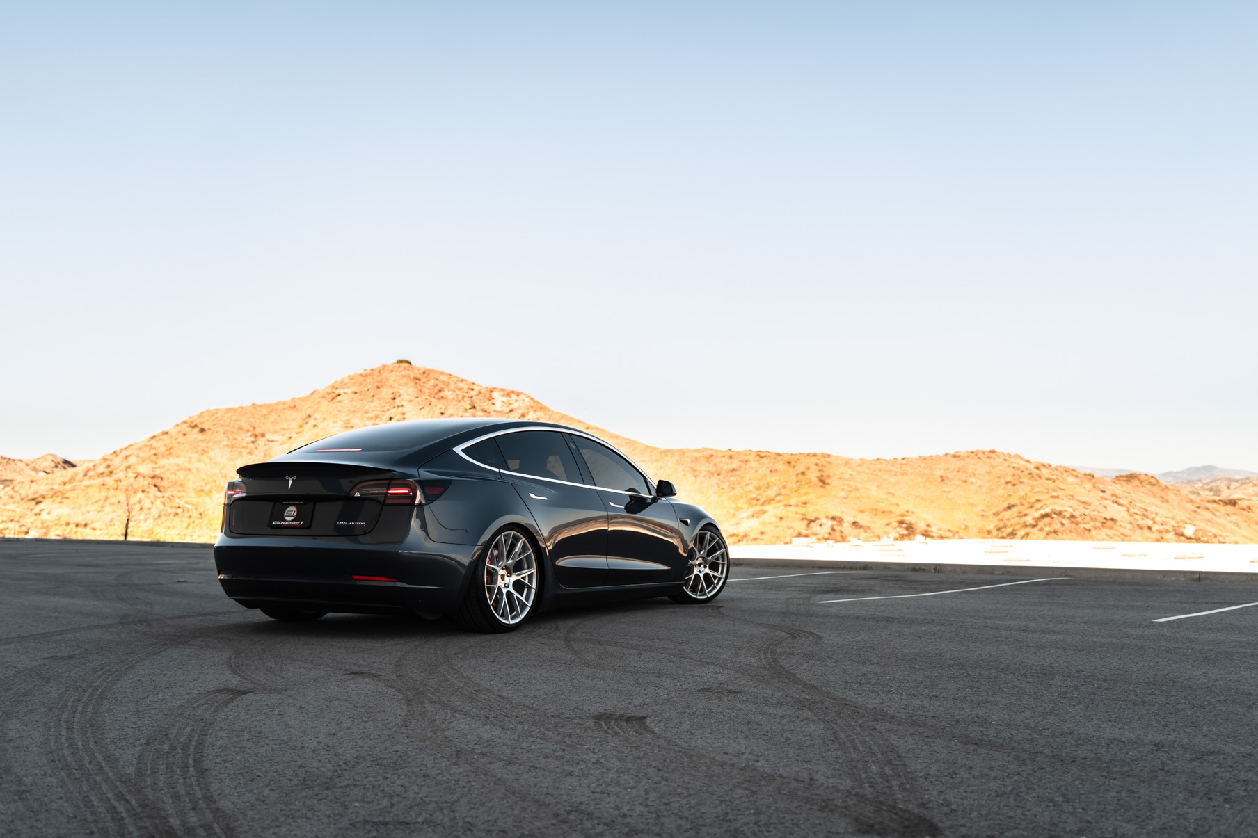 A 2019 Tesla Model 3 on Blaque Diamond BD-F18 Brushed Silver Wheels