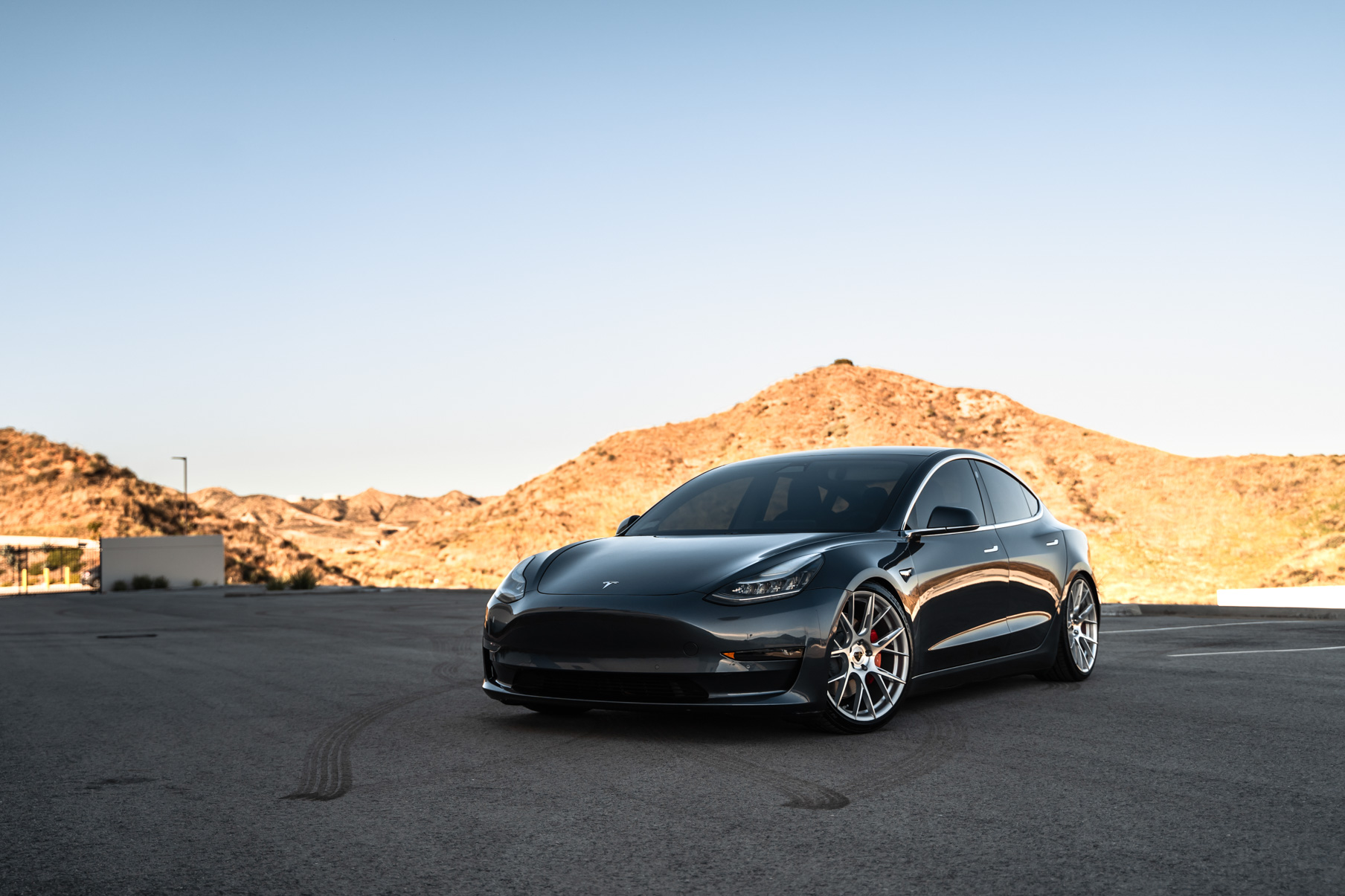 A 2019 Tesla Model 3 on Blaque Diamond BD-F18 Brushed Silver Wheels