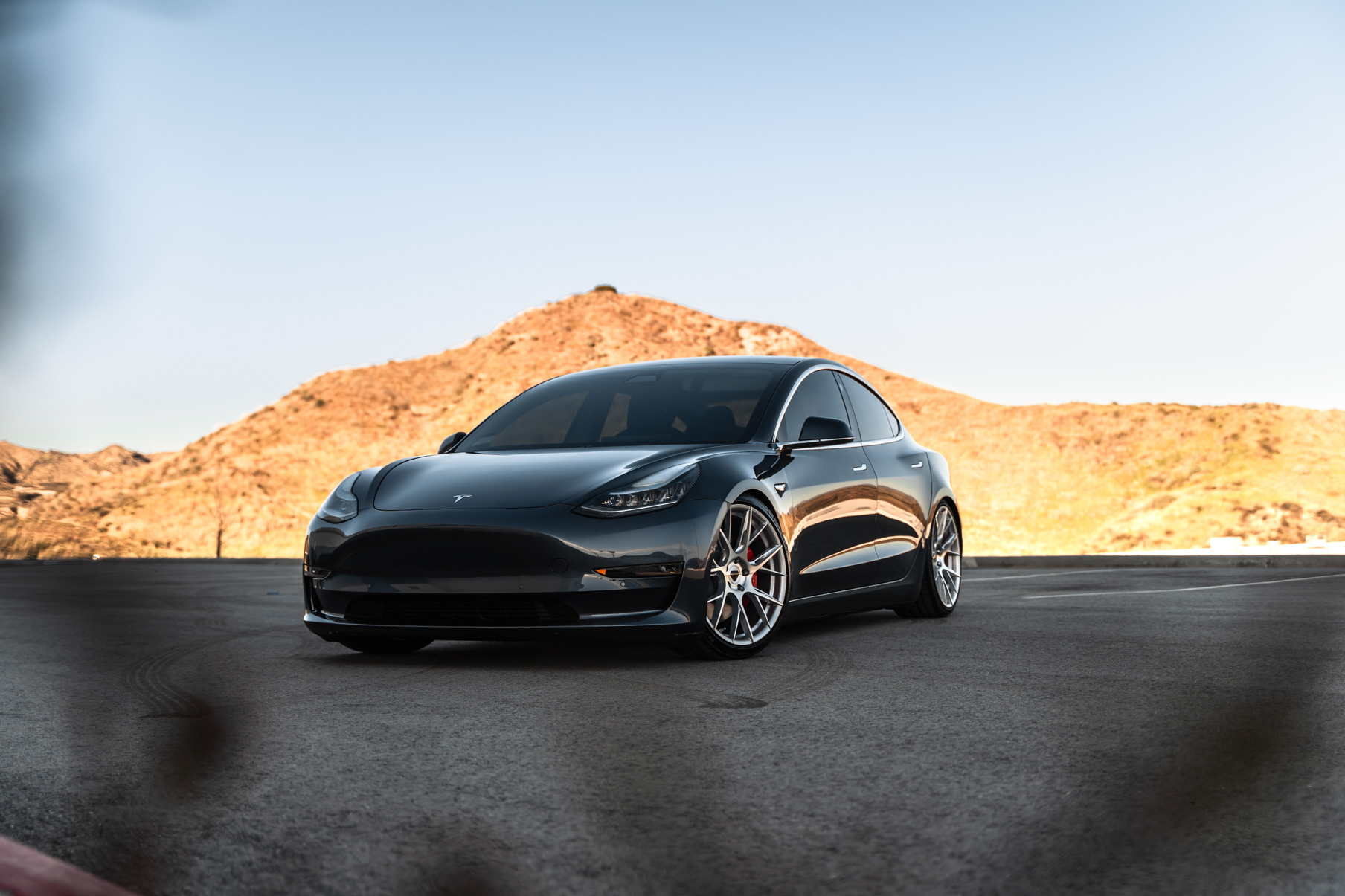 A 2019 Tesla Model 3 on Blaque Diamond BD-F18 Brushed Silver Wheels