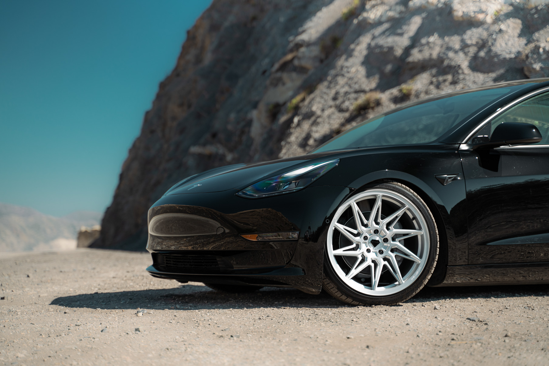 A 2022 Tesla Model 3 Blaque Diamond BD-F20 20 Inch Brushed Silver Wheels