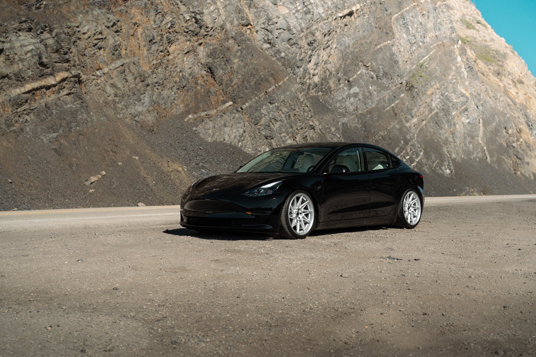 A 2022 Tesla Model 3 Blaque Diamond BD-F20 20 Inch Brushed Silver Wheels