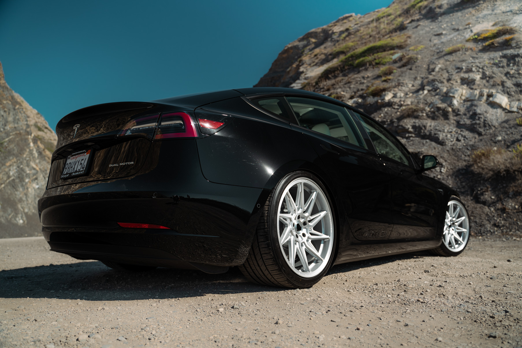 A 2022 Tesla Model 3 Blaque Diamond BD-F20 20 Inch Brushed Silver Wheels