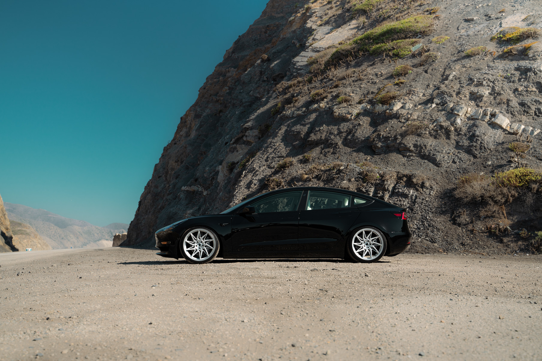 A 2022 Tesla Model 3 Blaque Diamond BD-F20 20 Inch Brushed Silver Wheels