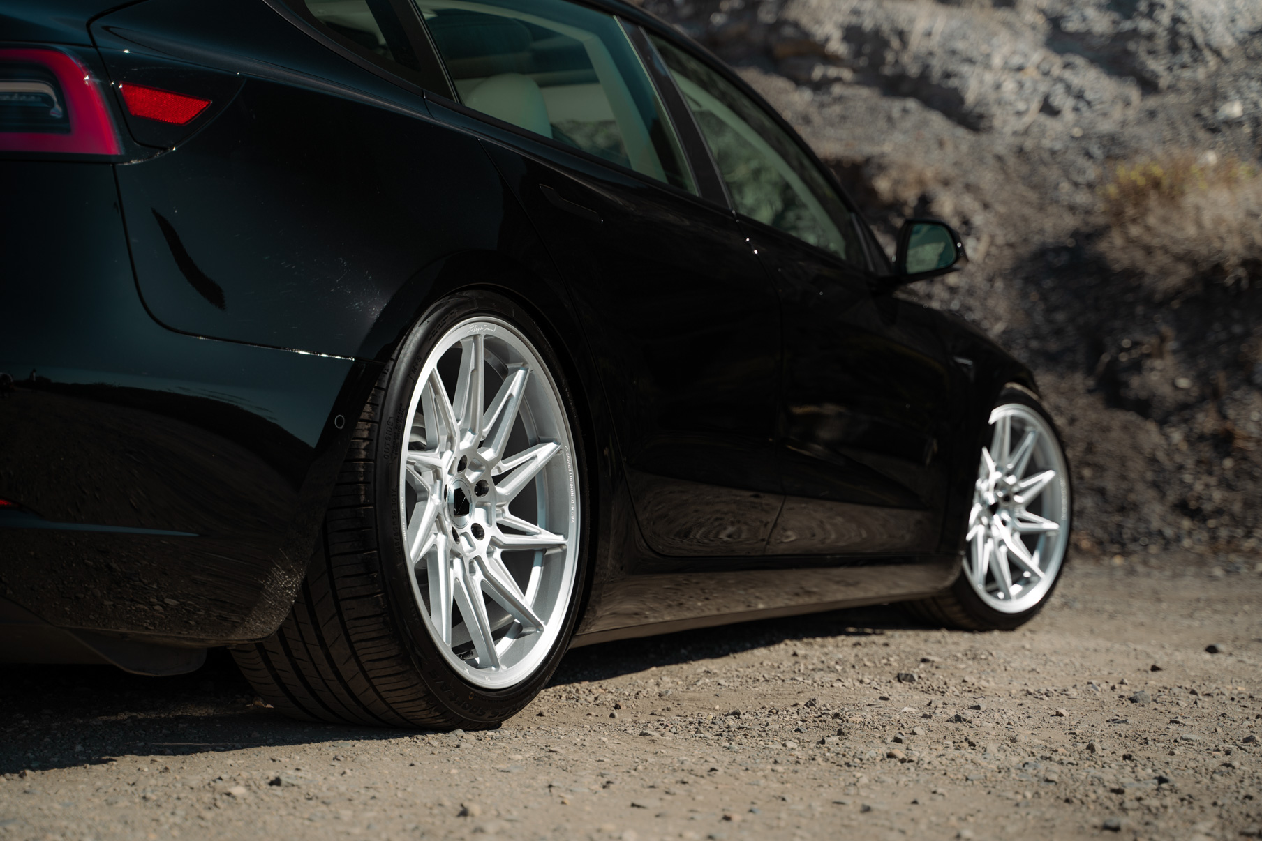 A 2022 Tesla Model 3 Blaque Diamond BD-F20 20 Inch Brushed Silver Wheels