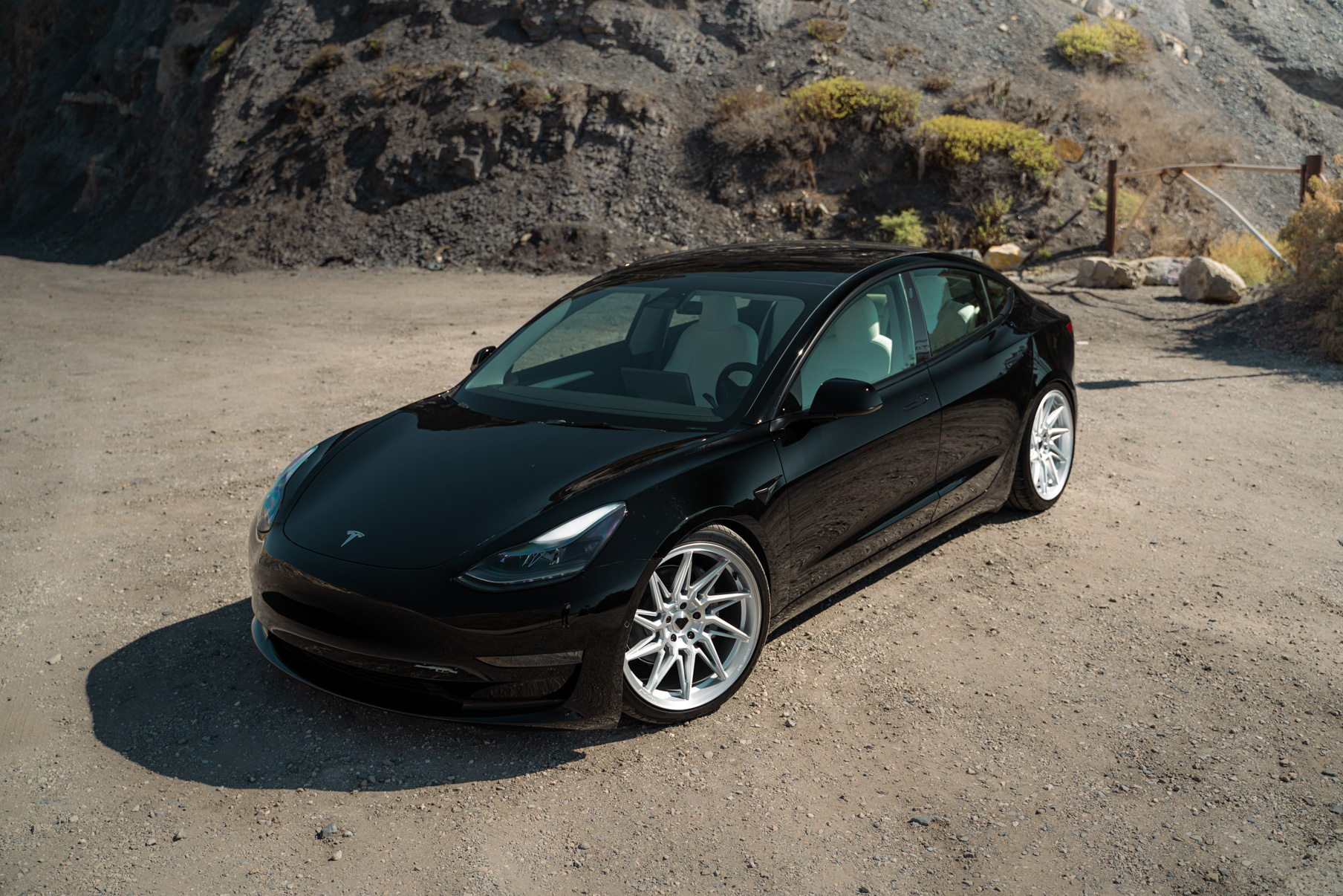 A 2022 Tesla Model 3 Blaque Diamond BD-F20 20 Inch Brushed Silver Wheels