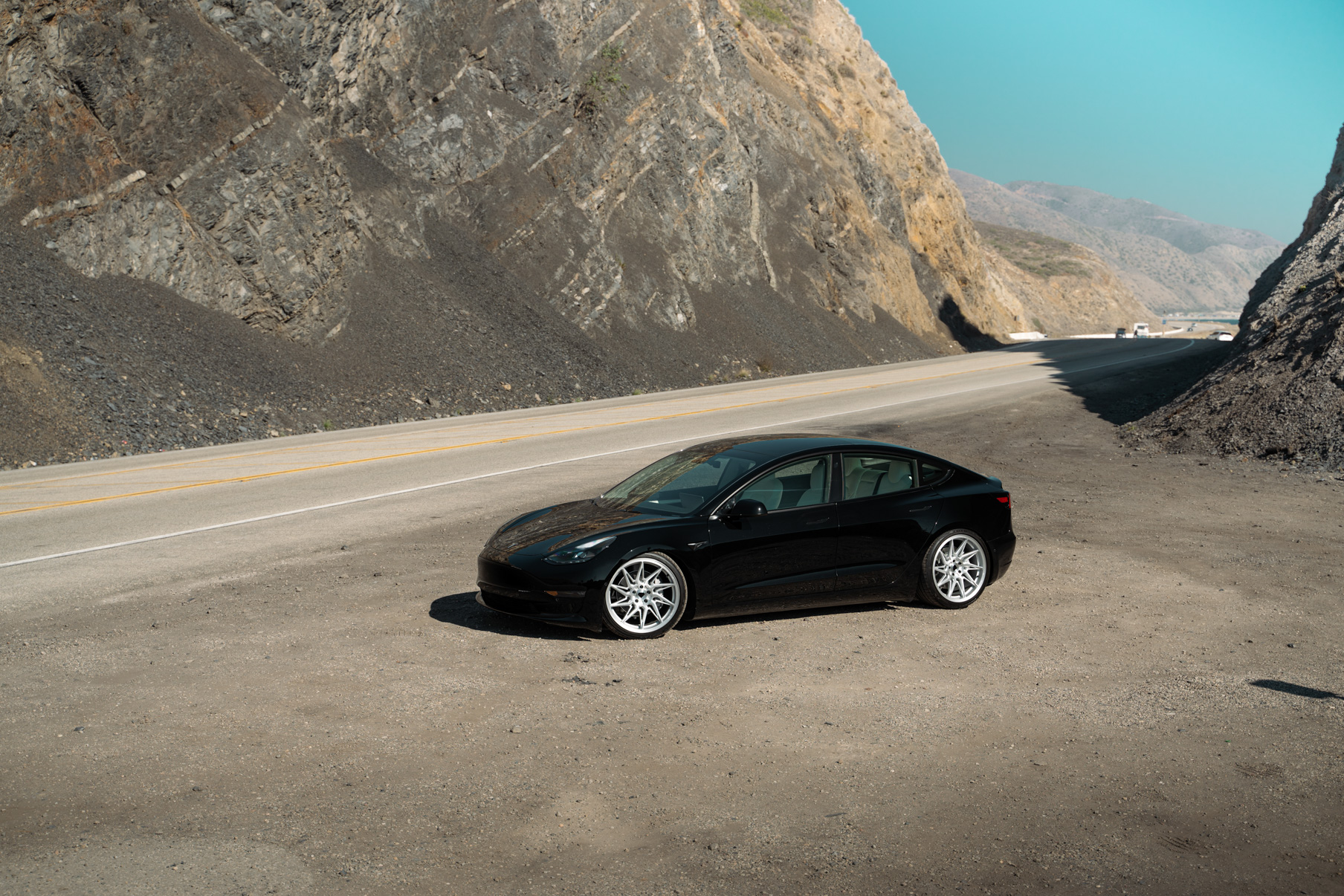 A 2022 Tesla Model 3 Blaque Diamond BD-F20 20 Inch Brushed Silver Wheels