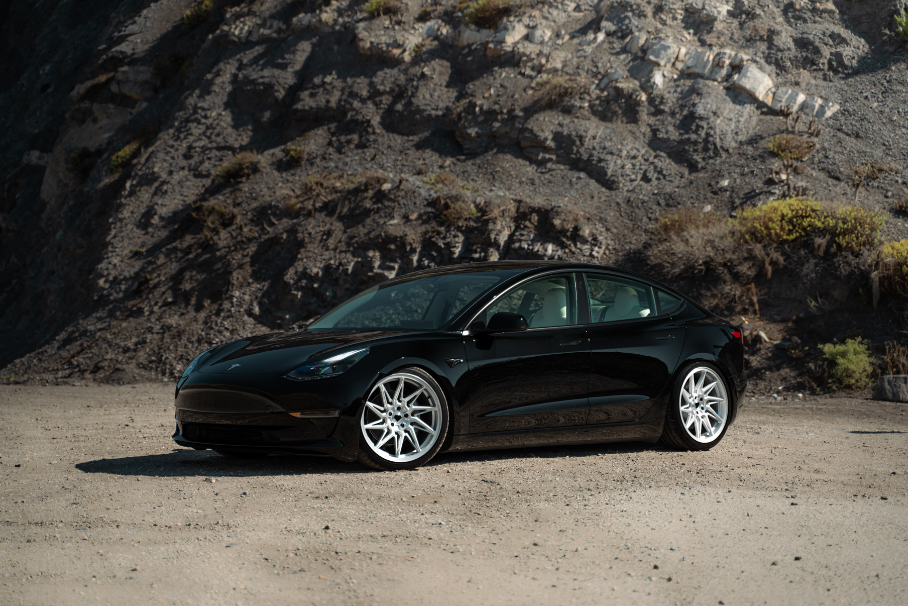 A 2022 Tesla Model 3 Blaque Diamond BD-F20 20 Inch Brushed Silver Wheels