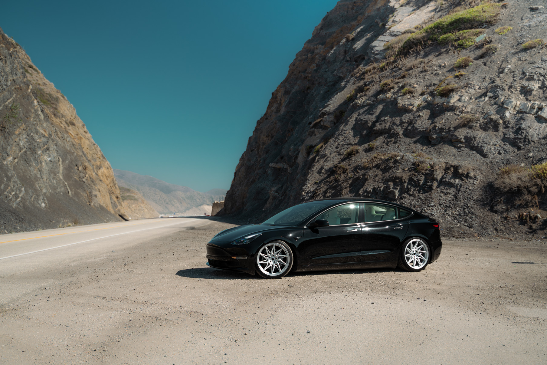 A 2022 Tesla Model 3 Blaque Diamond BD-F20 20 Inch Brushed Silver Wheels