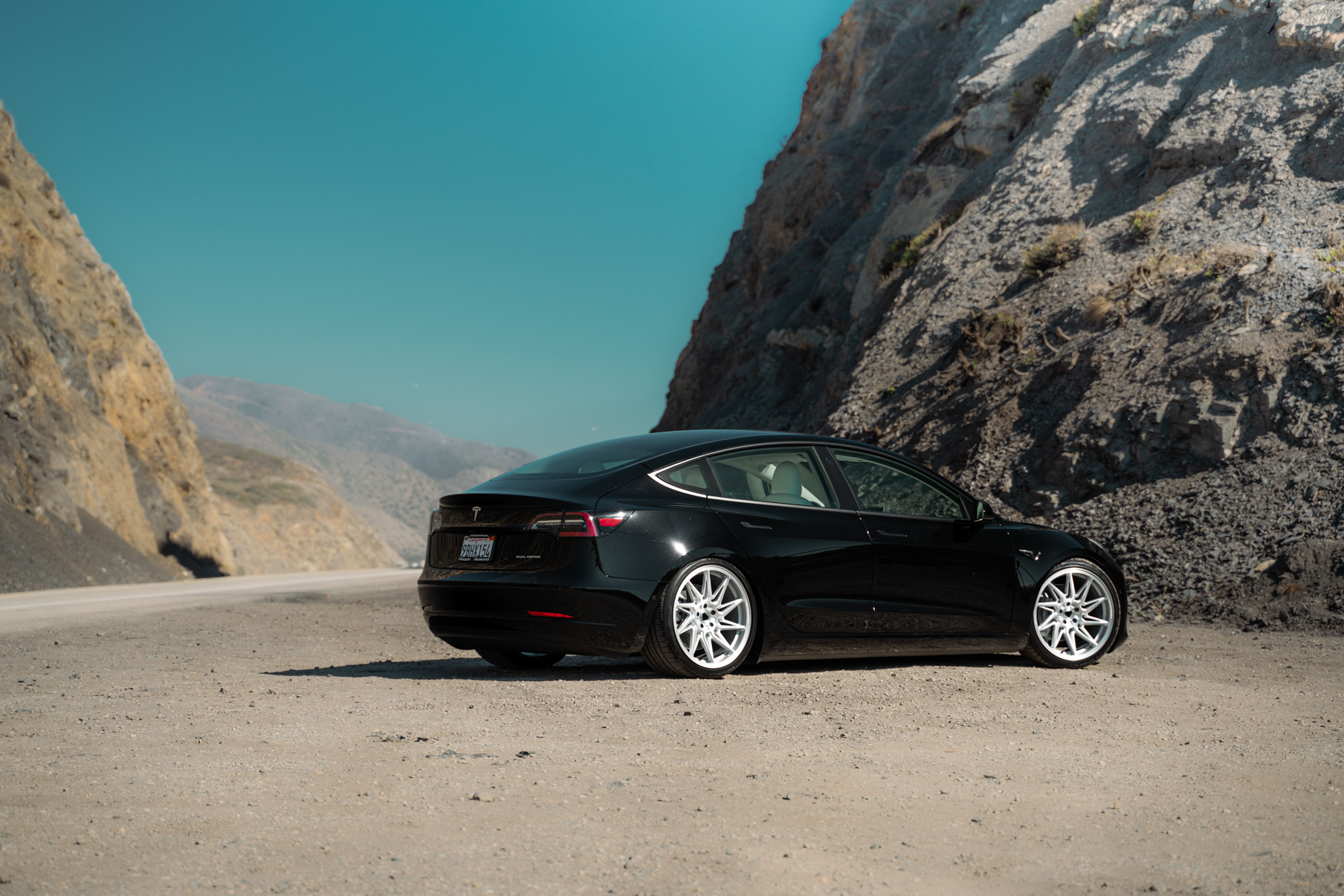 A 2022 Tesla Model 3 Blaque Diamond BD-F20 20 Inch Brushed Silver Wheels