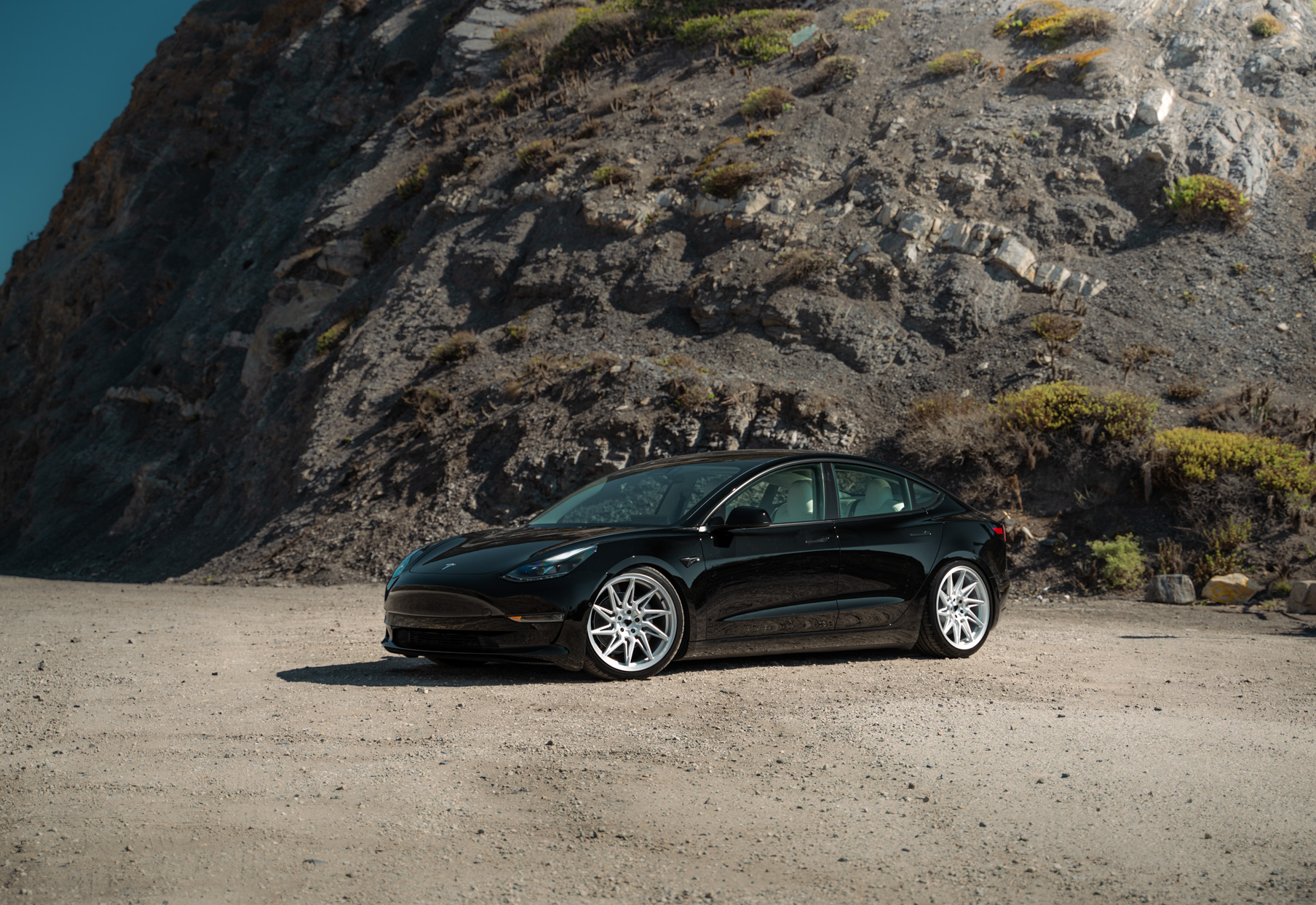 A 2022 Tesla Model 3 Blaque Diamond BD-F20 20 Inch Brushed Silver Wheels