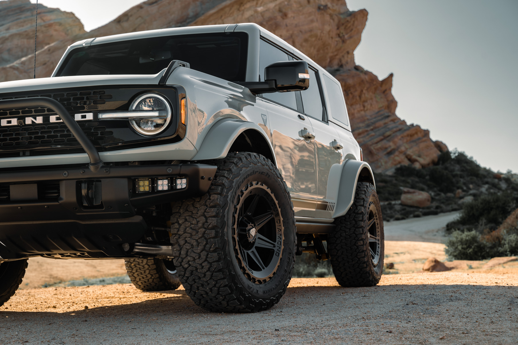 A 2022 Ford Bronco Sasquatch on Blaque Diamond BD-O102 Textured Black Wheels