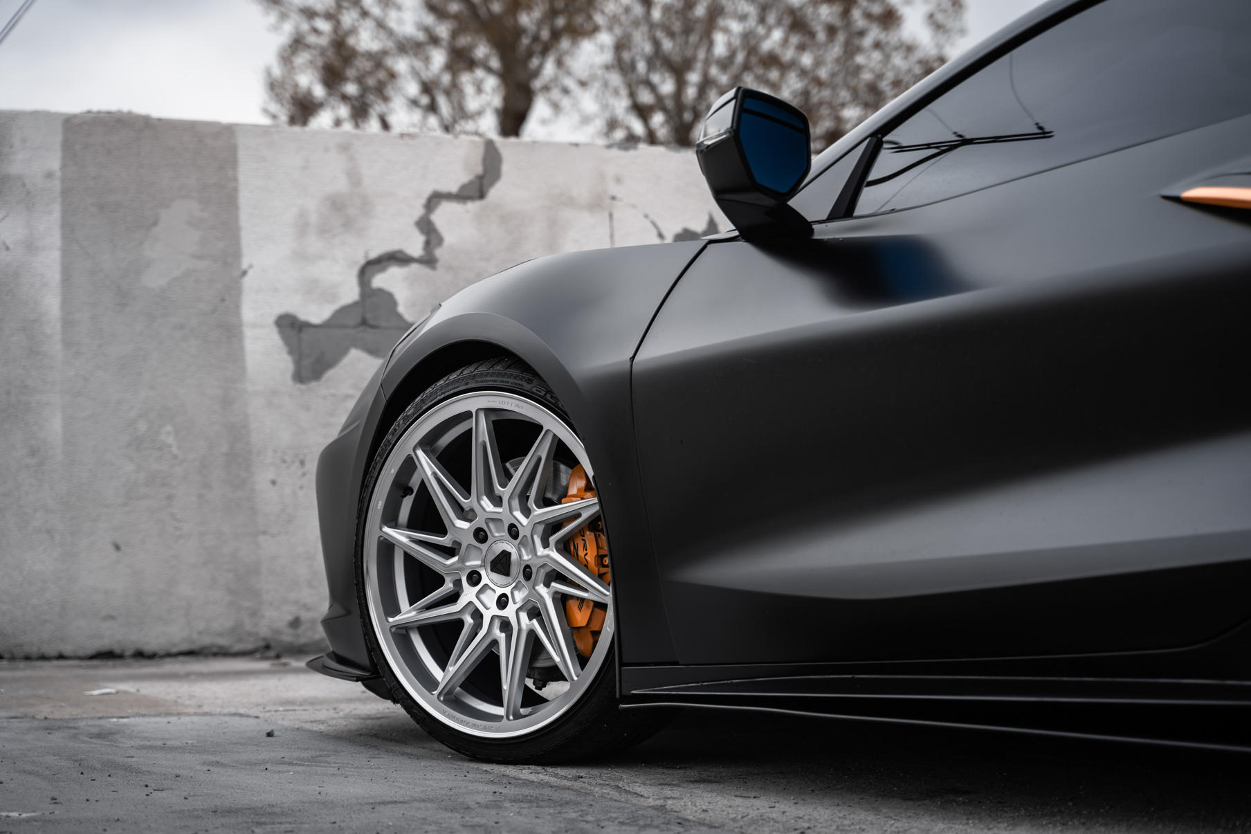 A 2021 Chevrolet Corvette C8 on Blaque Diamond BD-F20 Brushed Silver Wheels