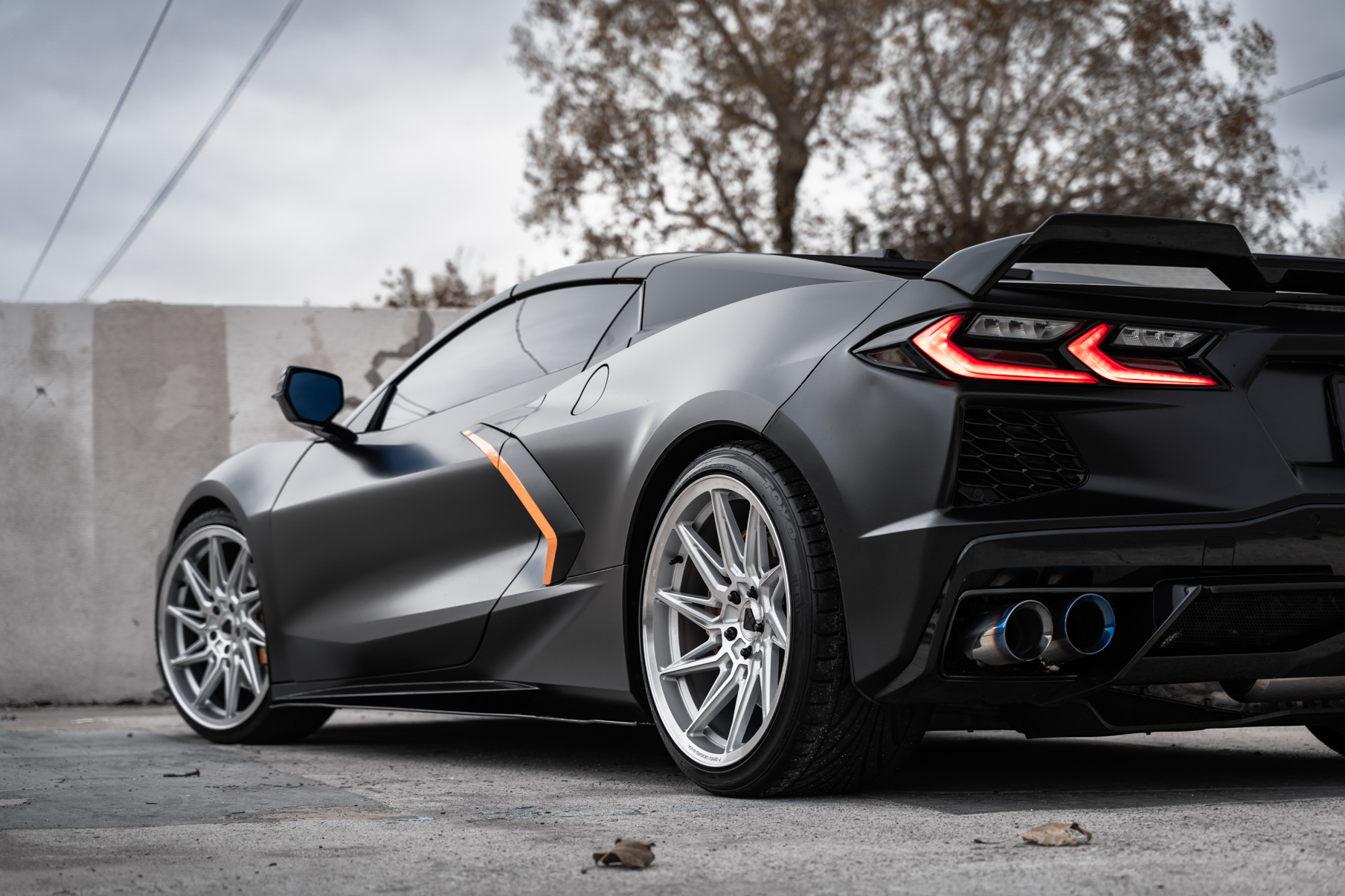 A 2021 Chevrolet Corvette C8 on Blaque Diamond BD-F20 Brushed Silver Wheels
