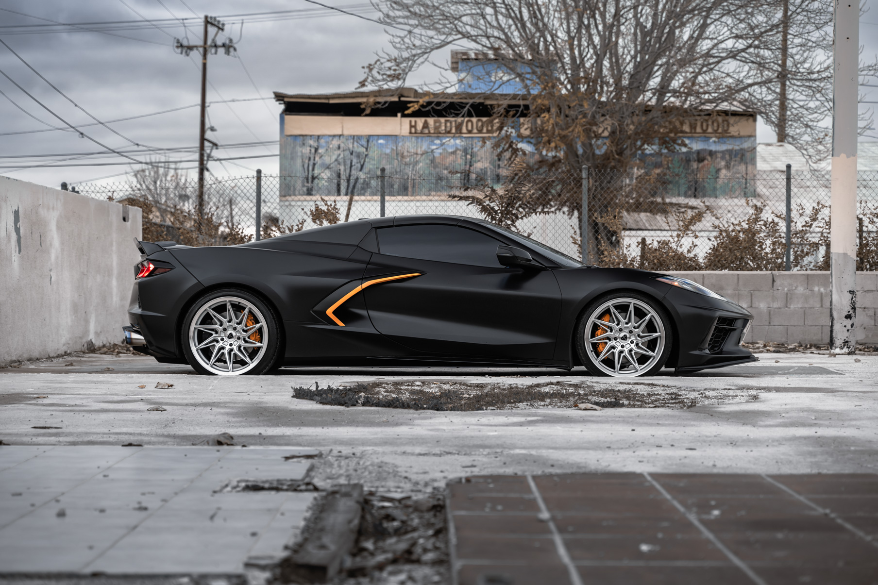 A 2021 Chevrolet Corvette C8 on Blaque Diamond BD-F20 Brushed Silver Wheels