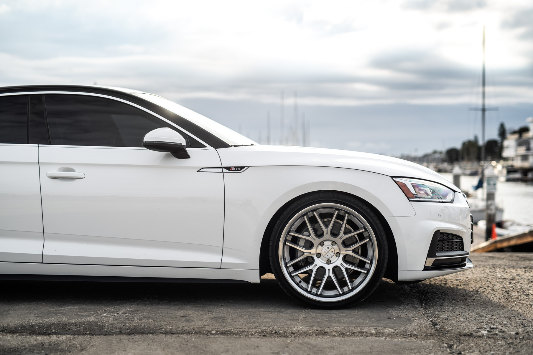 A 2019 Audi S5 on Blaque Diamond BD-27 Brushed Silver Wheels