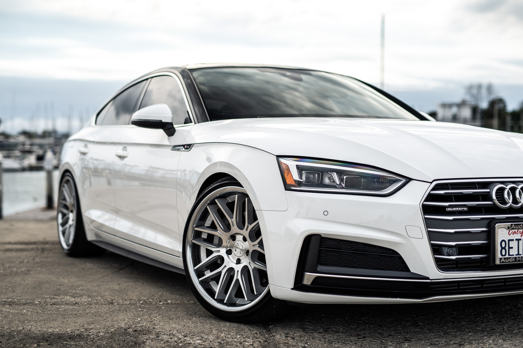 A 2019 Audi S5 on Blaque Diamond BD-27 Brushed Silver Wheels