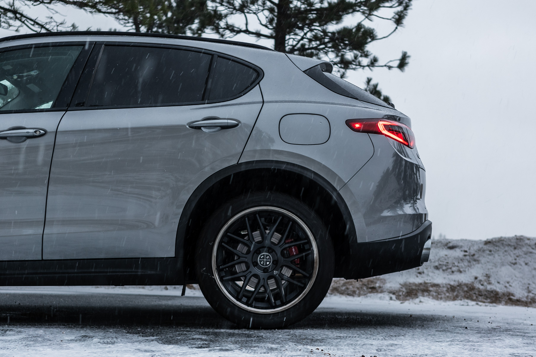 A 2018 Alfa Romeo Stelvio on Blaque Diamond BD-17 Matte Black with Black Chrome Wheels